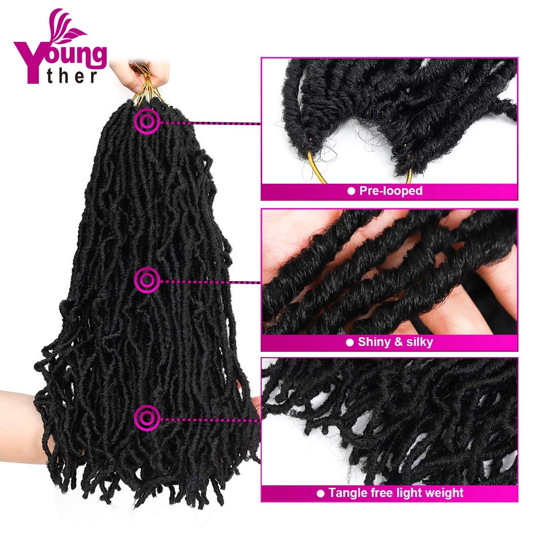 Youngther 22 inch New Faux Locs Crochet Hair 6 Packs Most Natural New Soft Locs Crochet Hair Curly Wavy Synthetic Hair Hair Extensions (22inch-1B#)