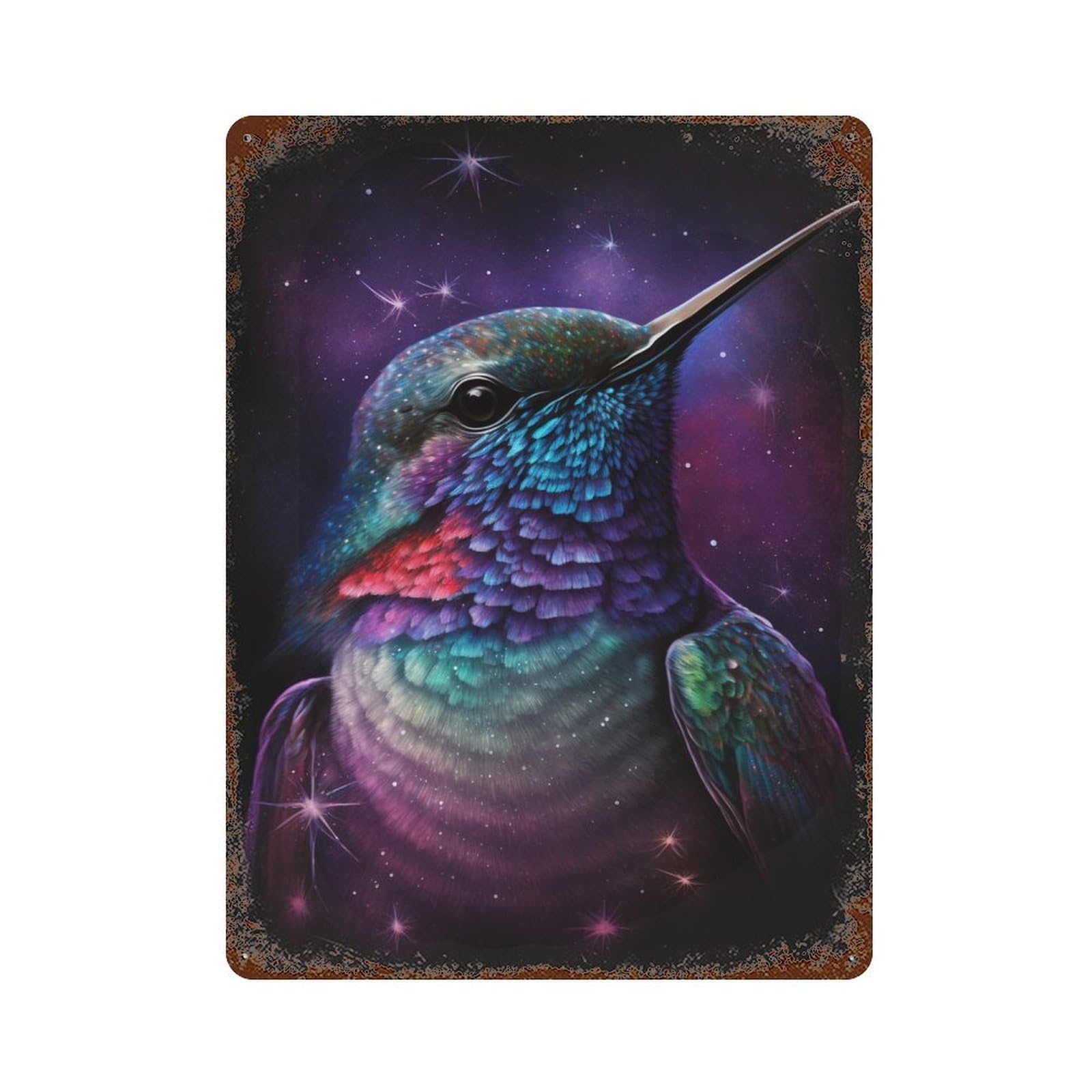 Garage Style Galactic Hummingbird Art Print Rust Effect Tin Sign 15.7"x11.8", Rustic Home Decor for Bar And Workshop
