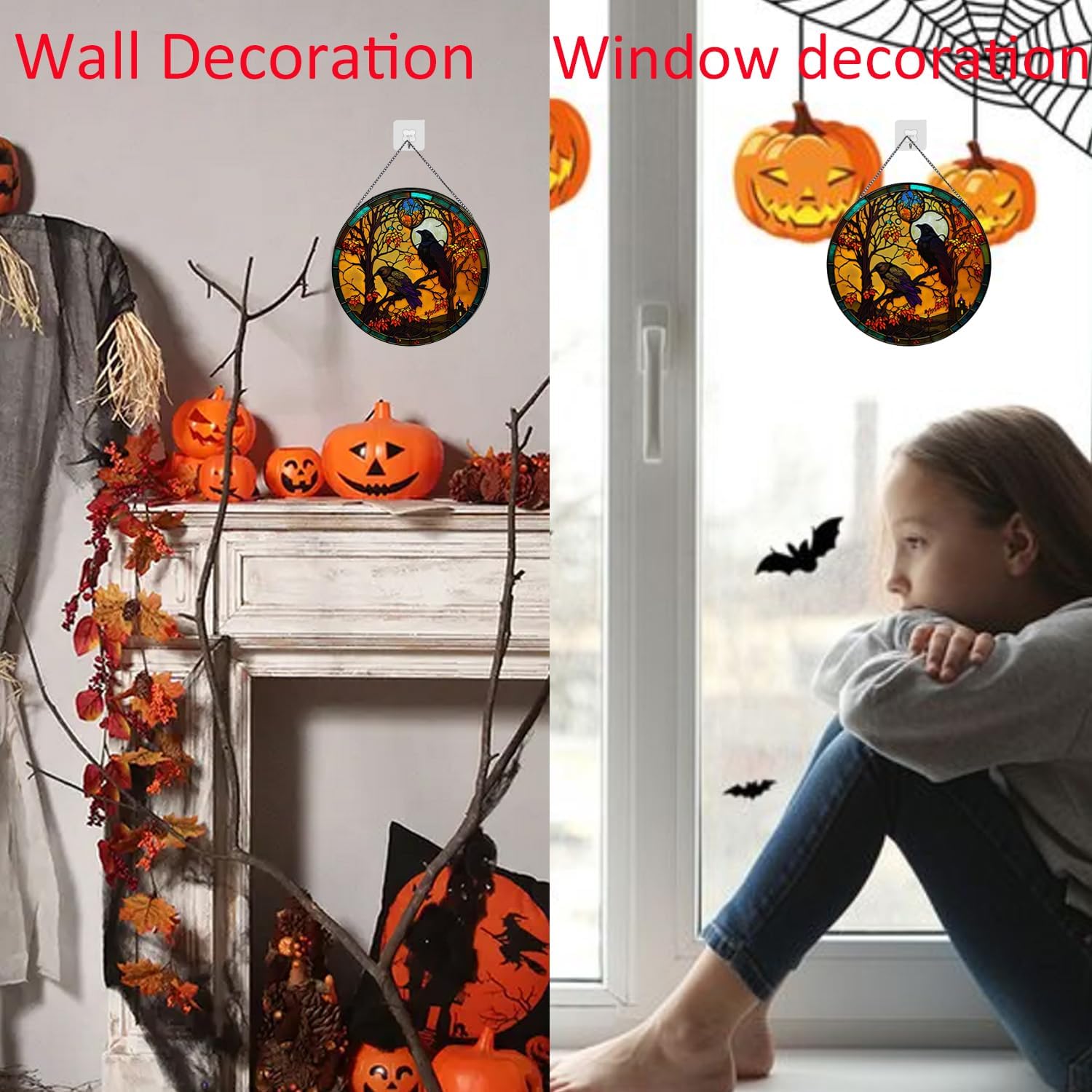 Crow Pattern Suncatcher Stained Glass,Hanging Stained Glass for Windows for Bird Lovers,20cm/7.87inch Sun Catcher Garden Hangings Ornaments Halloween Fall Christmas Decor for Home - Image 5