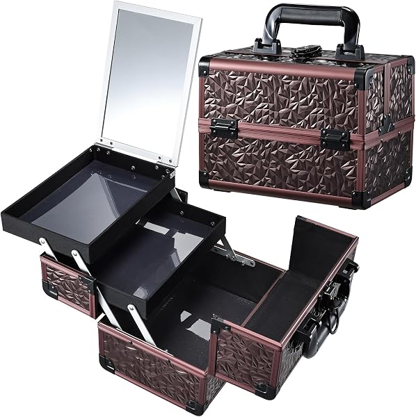 Malette Maquillage Malette Onglerie verrouillable avec Miroir Boite Rangement Maquillage Vanity Maquillage Multifonction pour Salon et Voyages, Marron Classique - 2