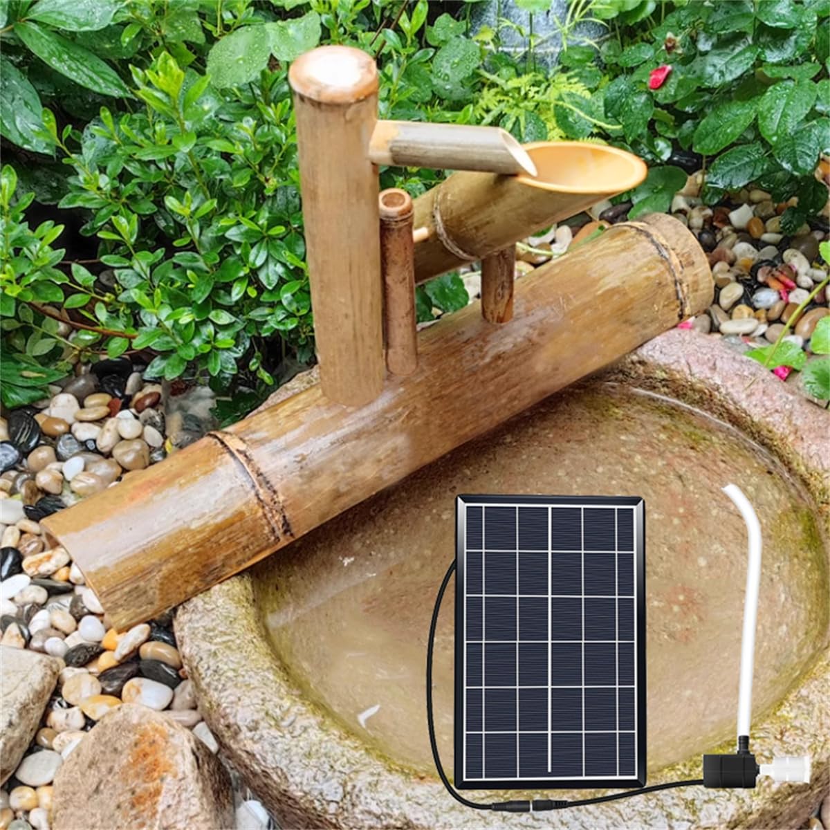 asdchZen Outdoor Water Fountain With Pump, Solar Bamboo Fountain With 6W Solar Panel & Water Filter & 2M Water Tube, For Lawn Garden Backyard, 70Cm,50cm