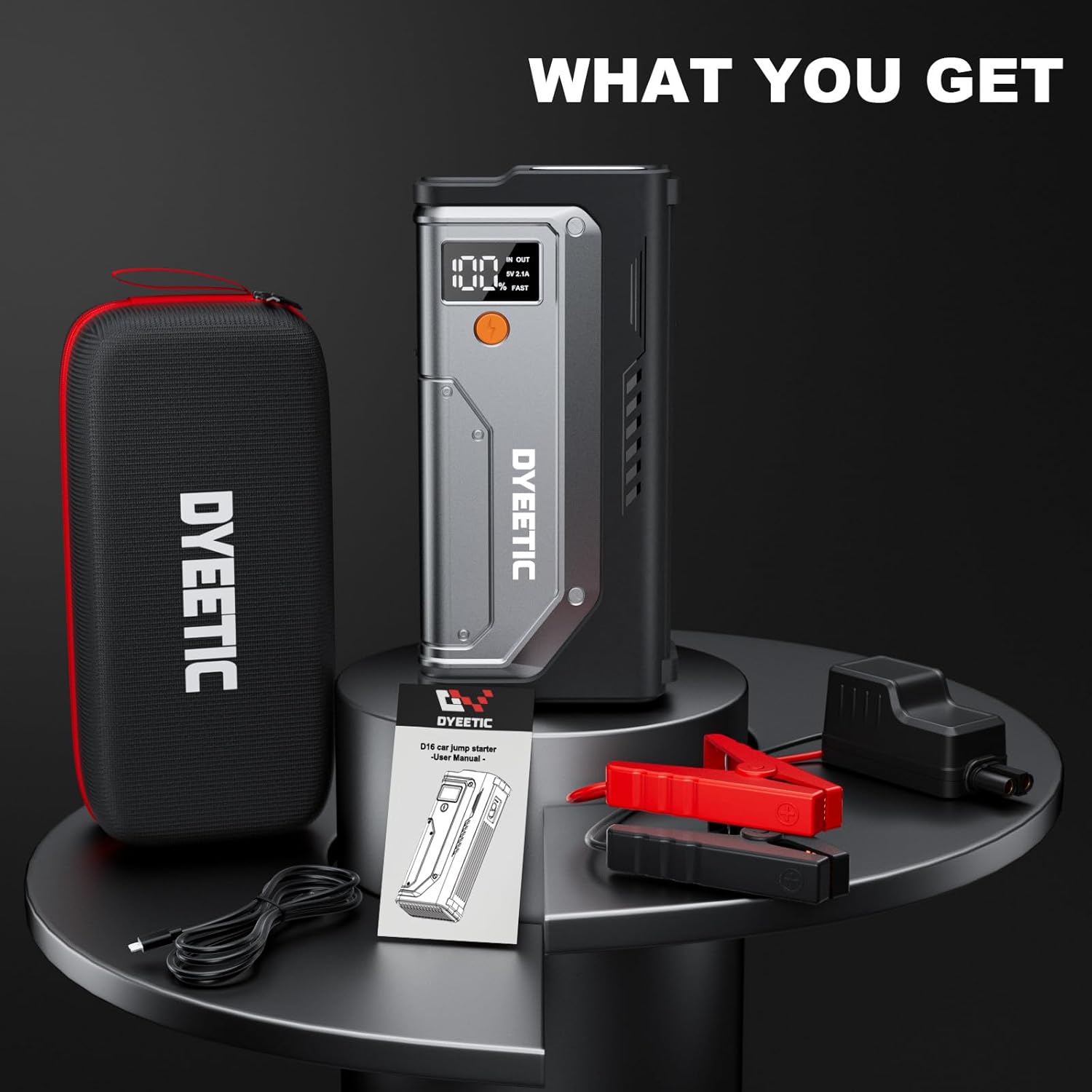 Dyeetic 6000A Jump Starter with smart jumper cables connected to a car battery, showing the correct positive and negative connections.