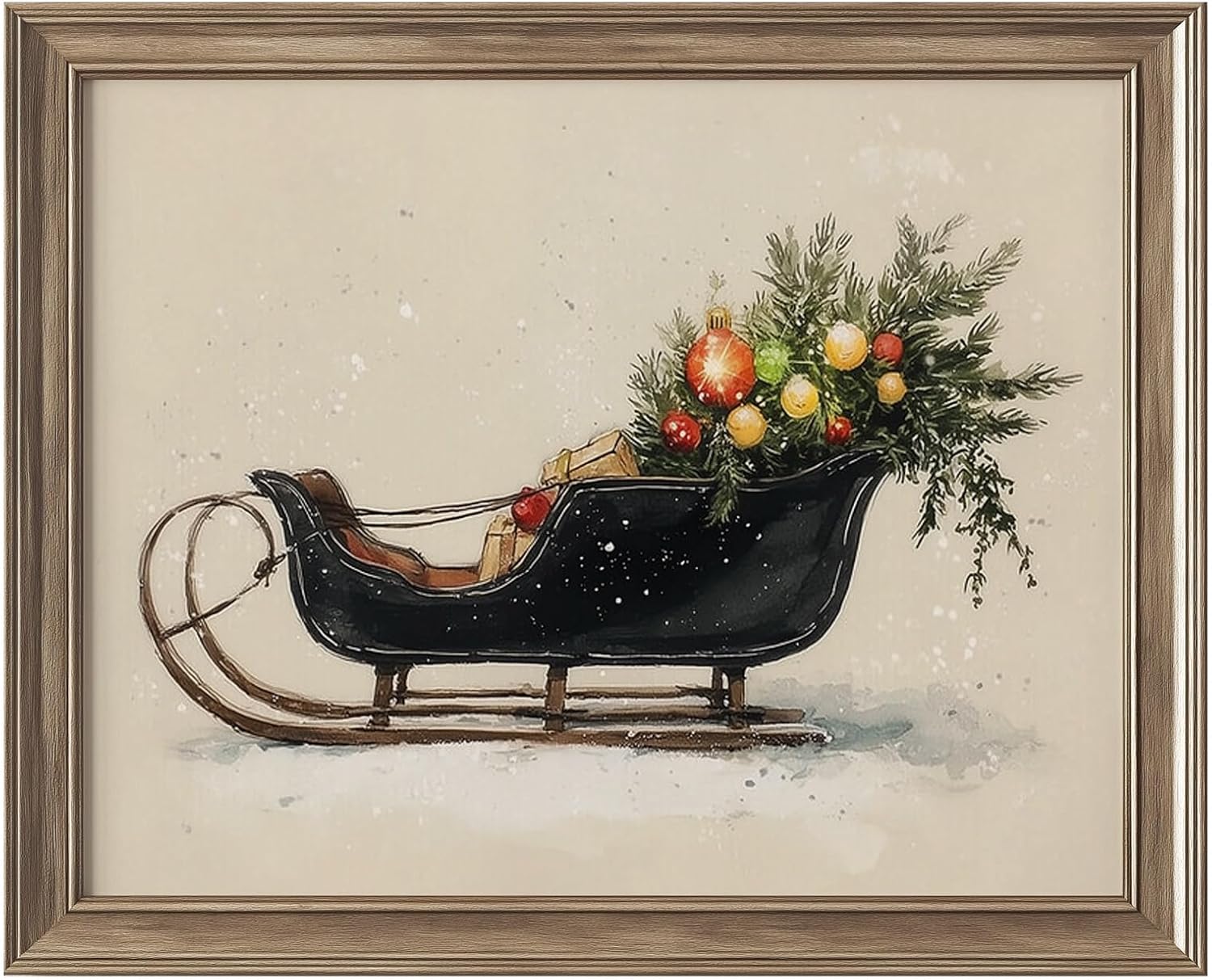 llguiidecal Impresión artística vintage de trineo navideño para pared, trineo rústico con pintura de árbol, decoración de invierno de granja, arte