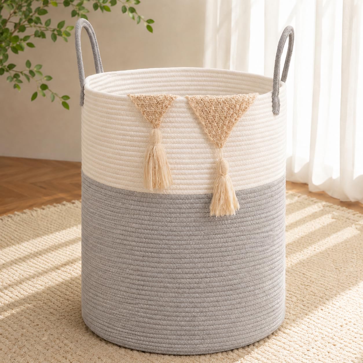 Large Laundry Hamper Basket, 60L Cotton Rope Woven Storage Bin for Blankets, Dirty Clothes Toys, Decorative Tall Basket for Living Room, Bedroom, Bathroom, Nursery, Grey & White