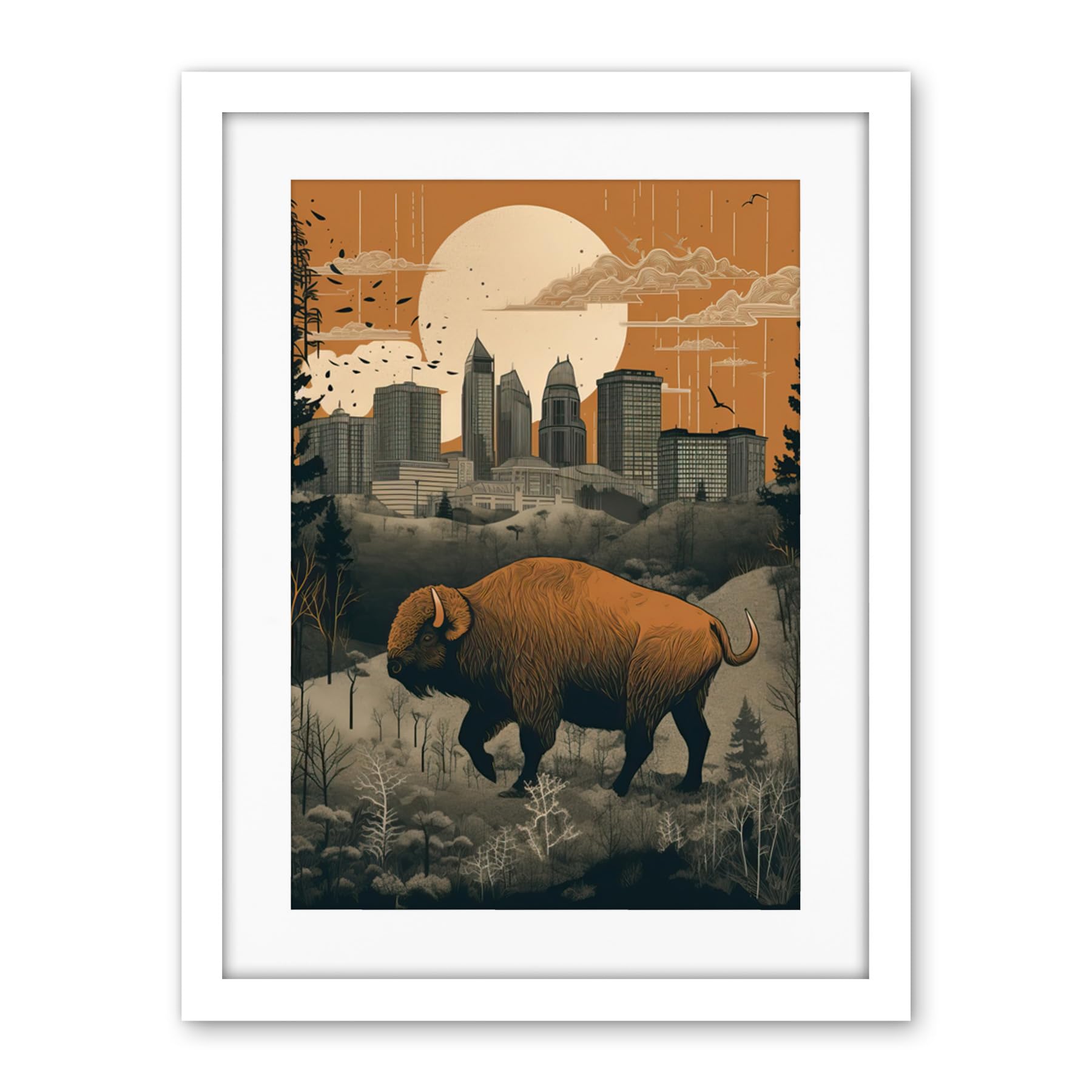 Artery8 Bison in Forest by Urban Cityscape Modern Landscape Artwork Framed Wall Art Print 18X24 Inch