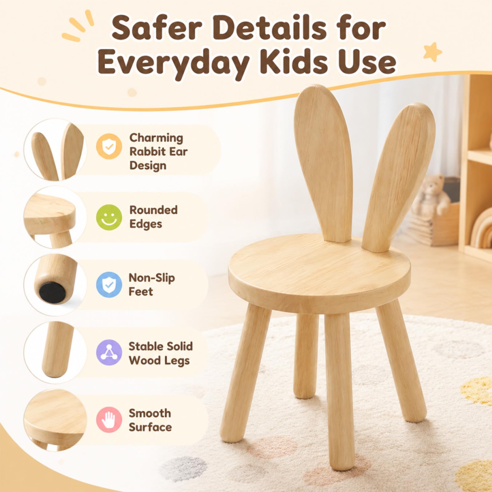 Kinderstuhl Holz, Kinderstuhl ab 3 Jahr Massiv, Kinderzimmer Stuhl 45 x 26cm mit Hasenohren Rückenlehne, Kinderhocker für Essen, Lesen und Spielen