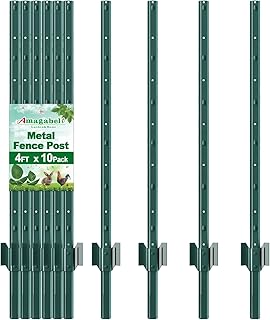 AMAGABELI GARDEN & HOME Metal Fence Posts 4 Feet 10 Pack Heavy Duty No Dig Garden U Post Stakes for Wire Fence Temporary Fencing Safety Fence Plastic Mesh Fence Garden Fencing T Post for Yard Green