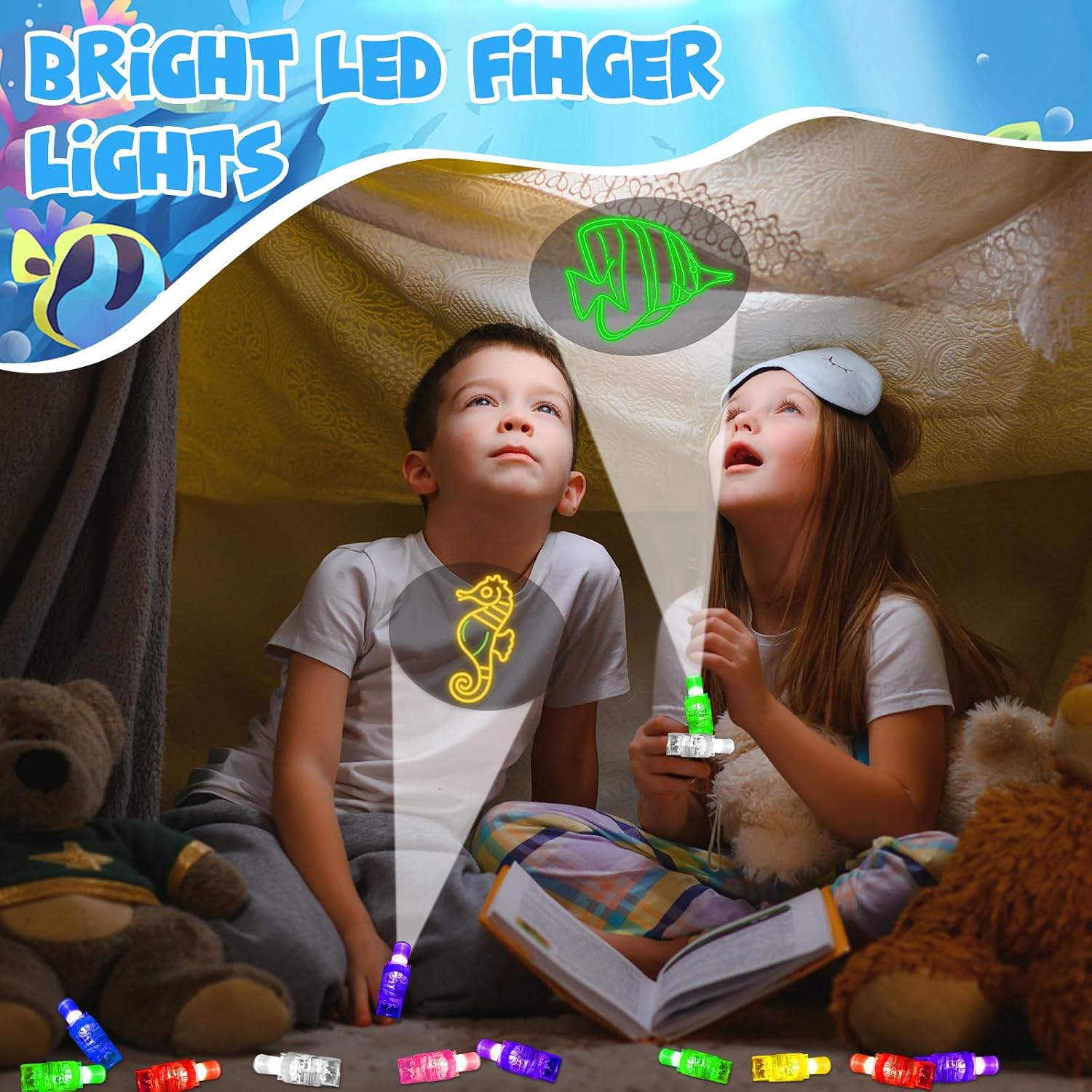 28PCS Under the Sea Party Favors LED Finger Lights, Glow in the Dark Light Up Summer Beach Toys Gifts Bulk for Kids Birthday Goodie Bags Stuffers Ocean Party Decorations Supplies Classroom Prizes