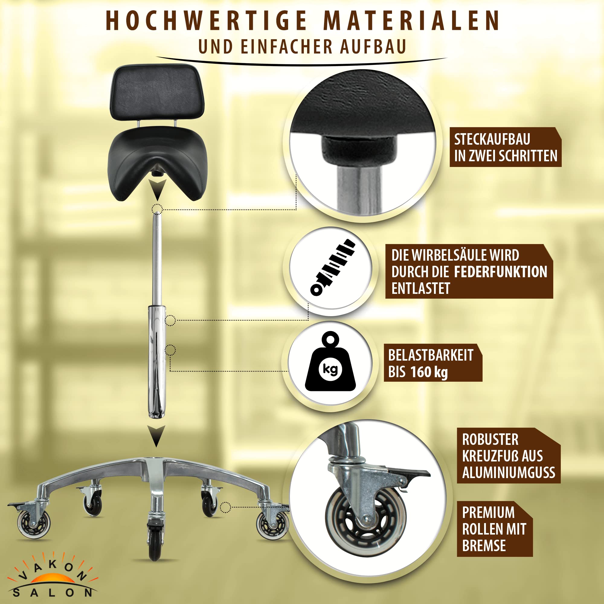 Breiter Sattelhocker schwarz mit Bremse und Lehne, Sattelstuhl für Rückenentlastung, Rollhocker höhenverstellbar von 55-75 cm, Praxishocker, Bürohocker, Arbeitshocker