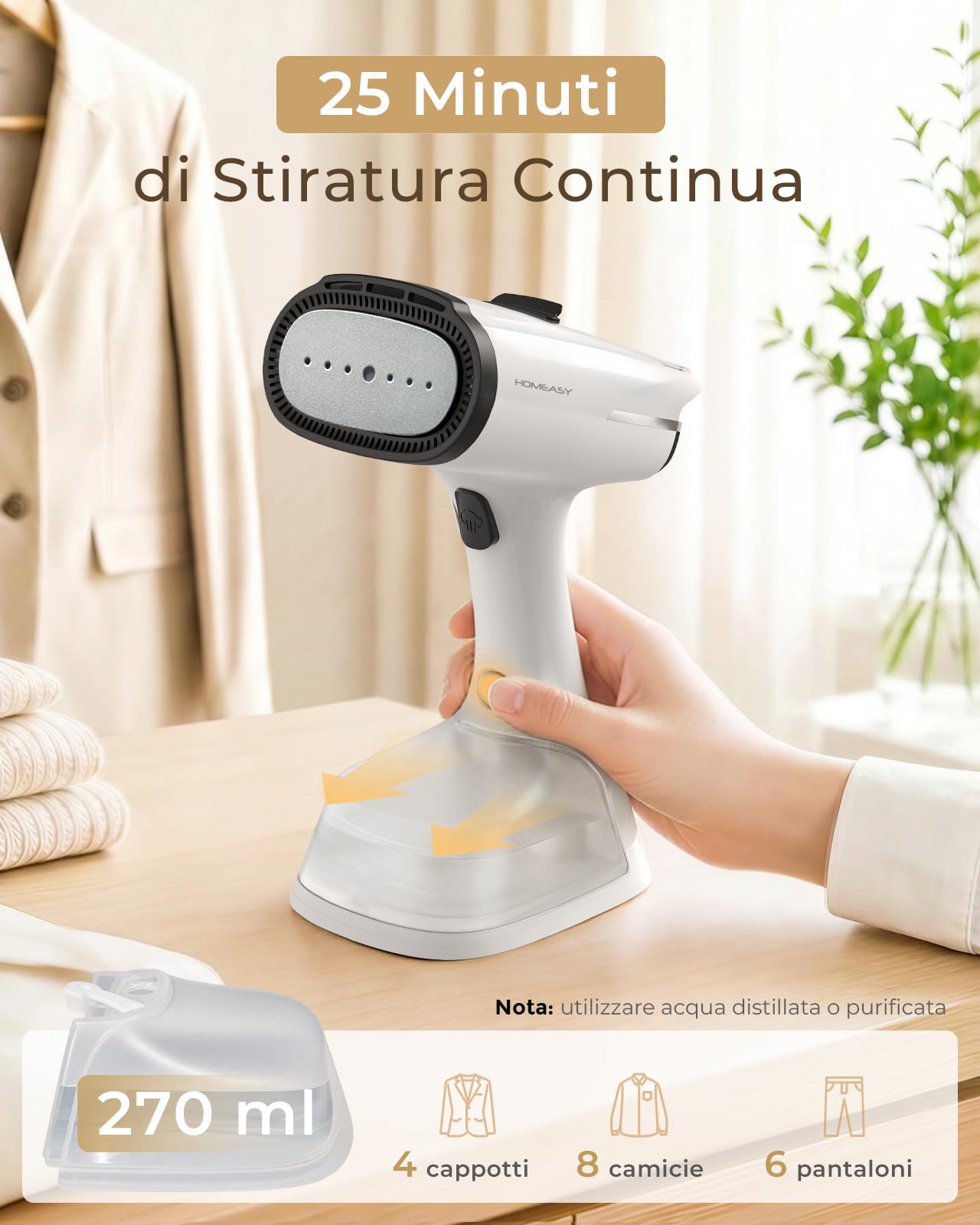 HOMEASY Ferro da Stiro a Vapore Portatile con Aspirazione 6000Pa, Pronto in 25 Secondi, 270ml Serbatoio d’Acqua, 2 Livelli di Vapore, Stiratrice Verticale per Camicie, Abiti, Tende e Tessuti Delicati