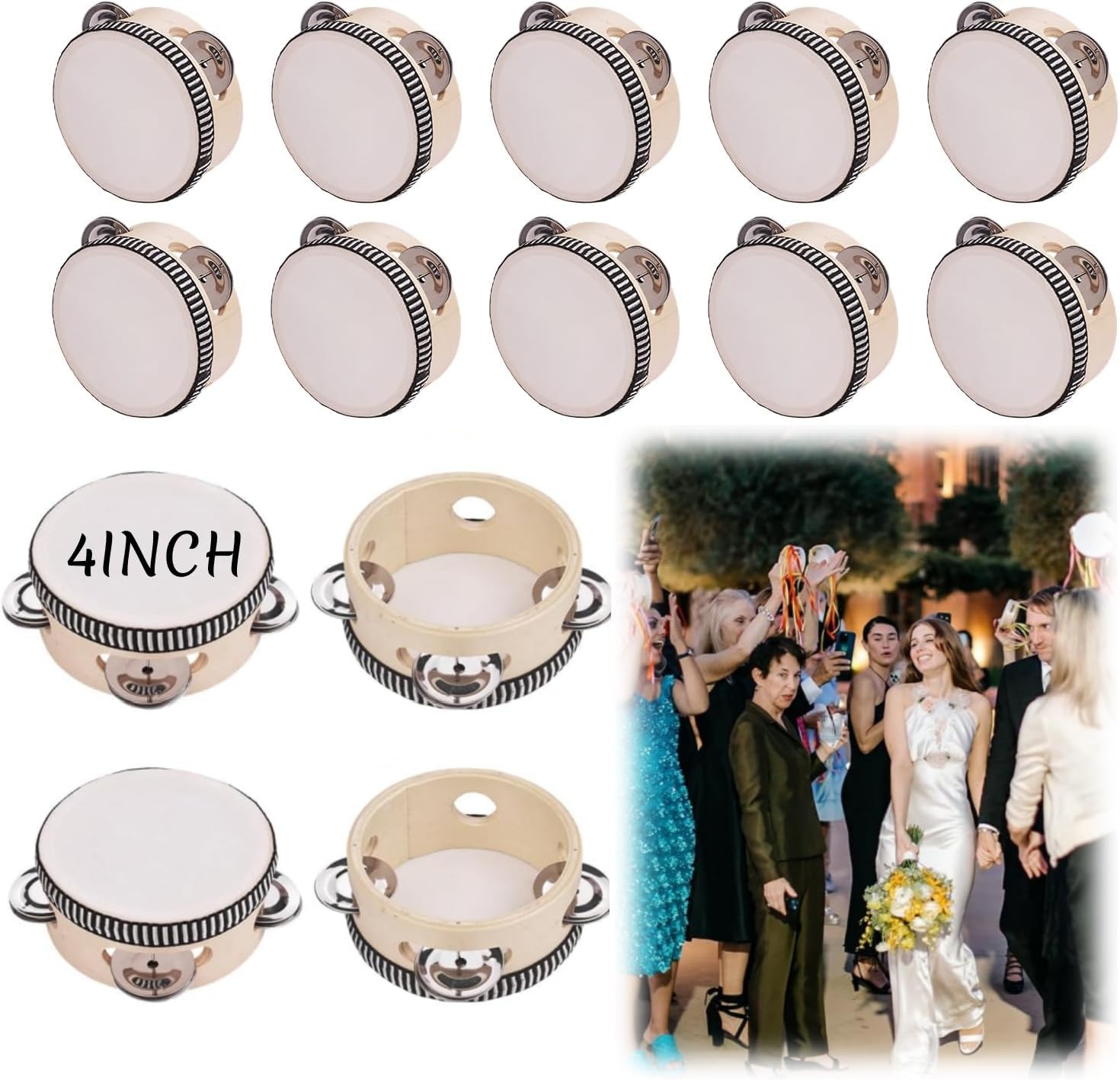 4 Inch Wedding Tambourine Bulk Mini Drum Noise Makers for Guest Hand Held Tambourine Dance Floor Props Single Row Metal Jingle Percussion Gift Church Party (50PCS)