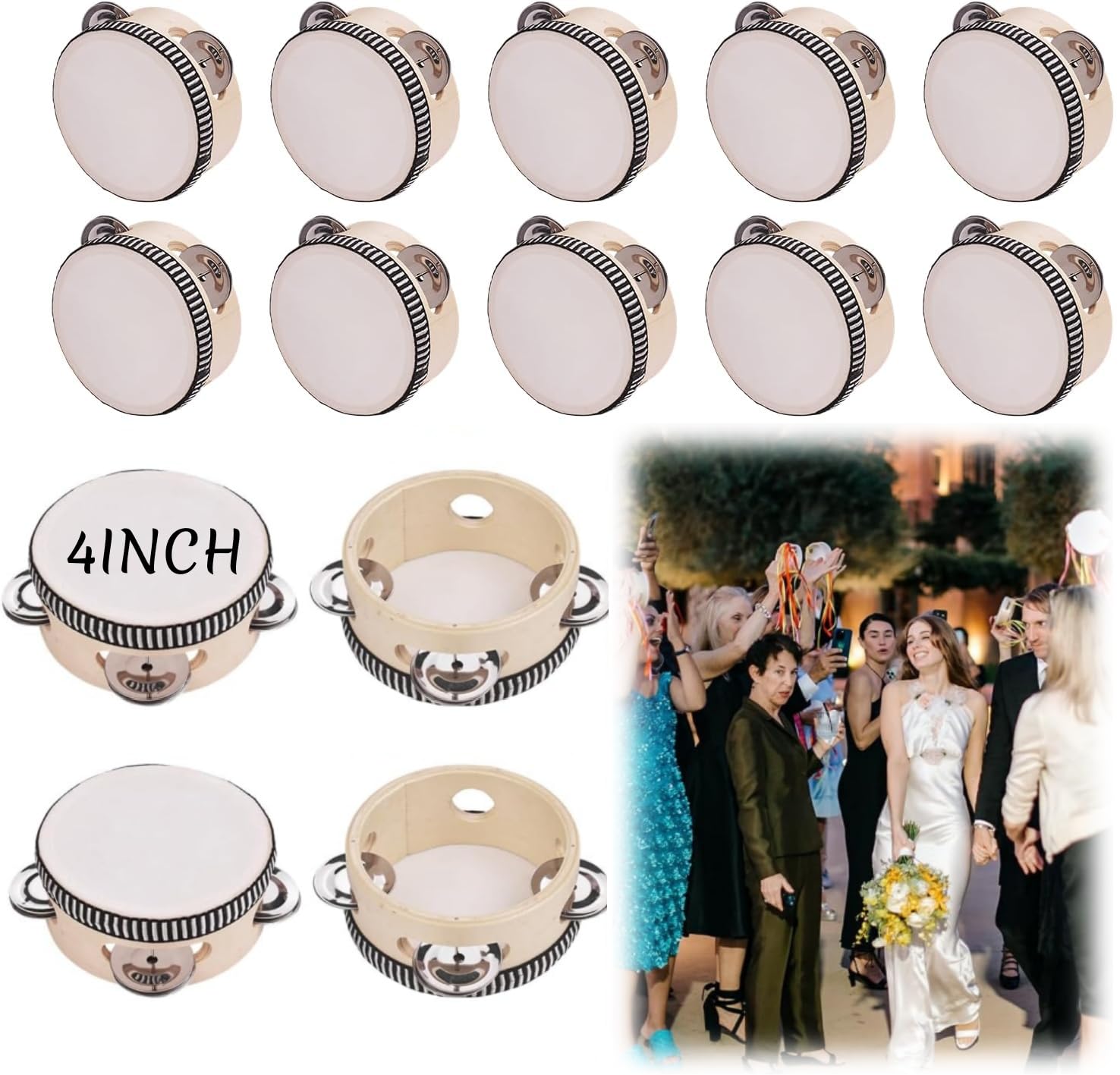 Tamburello da 4 pollici per matrimoni, tamburello mini in metallo a fila singola con sonagli, accessori per la pista da ballo, tamburello a percussione manuale per ospiti, regalo per feste