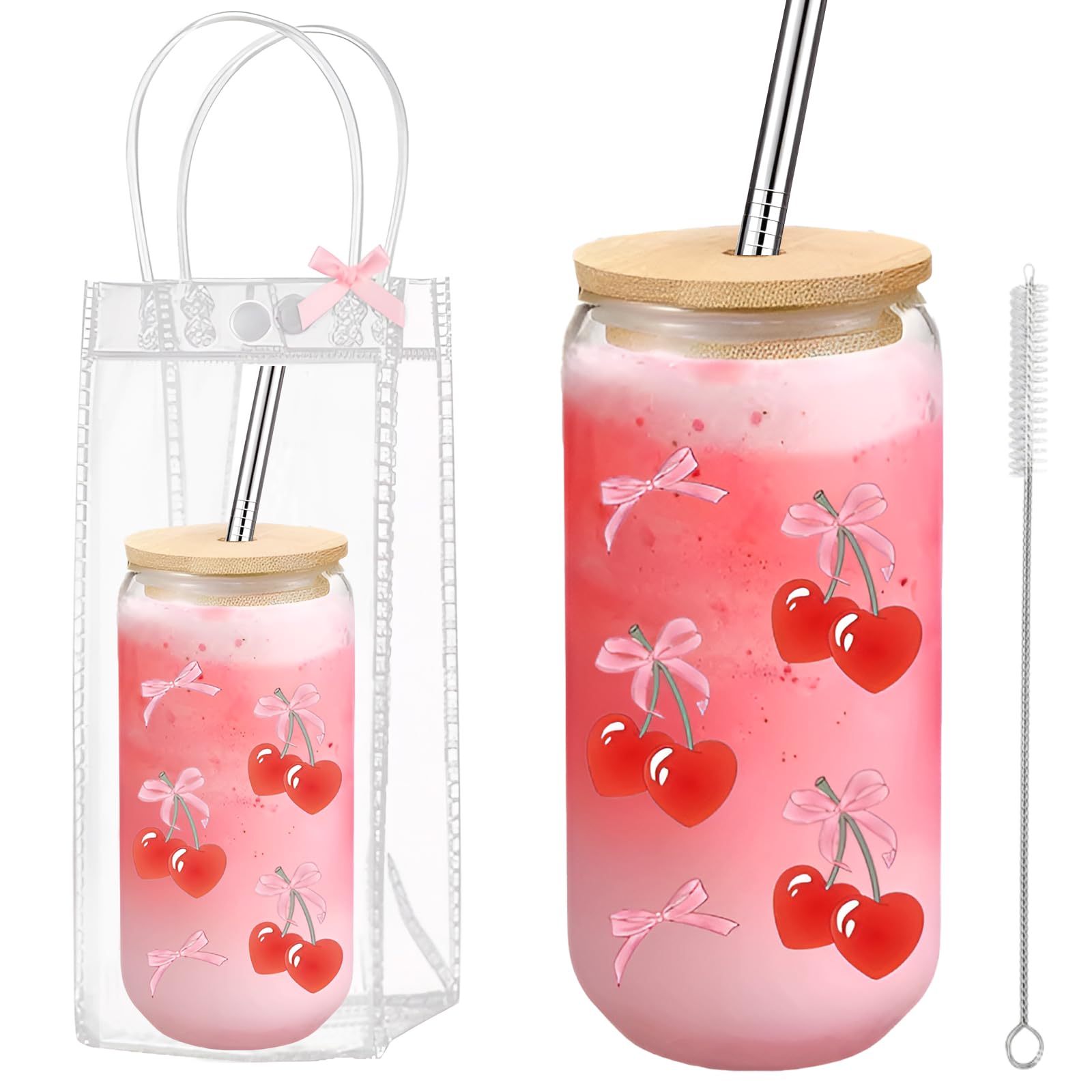 Taza de vidrio de 16 oz con tapa y pajita diseño de cerezas Coquette