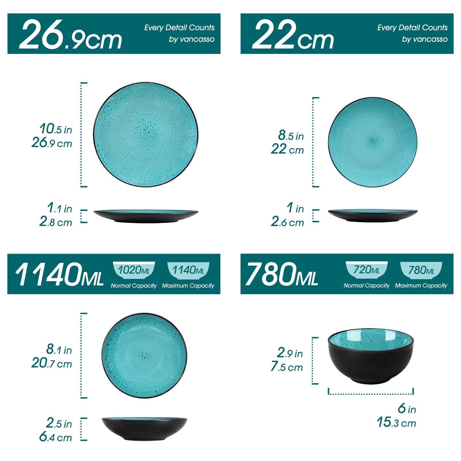 Tafelservice 6 Personen, vancasso BUBBLE Geschirrset 6 Personen aus Steingut, 24-tlg modernes Geschirr Set grün, mit Teller Set und Schalen Set, mikrowellenfest