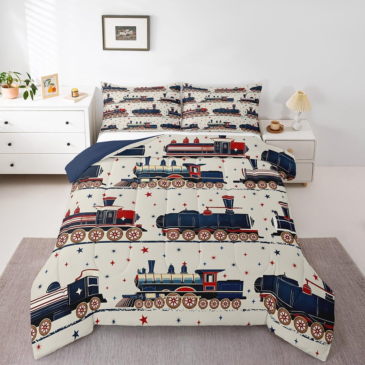Erosebridal Vintage Steam Train Bedding, Cartoon Classic Railway Retro Twin Comforter Set, Gifts for Kids Girls Boys Travel Locomotive Train Bedding Sets Galaxy Stars Decorations Duvet Set