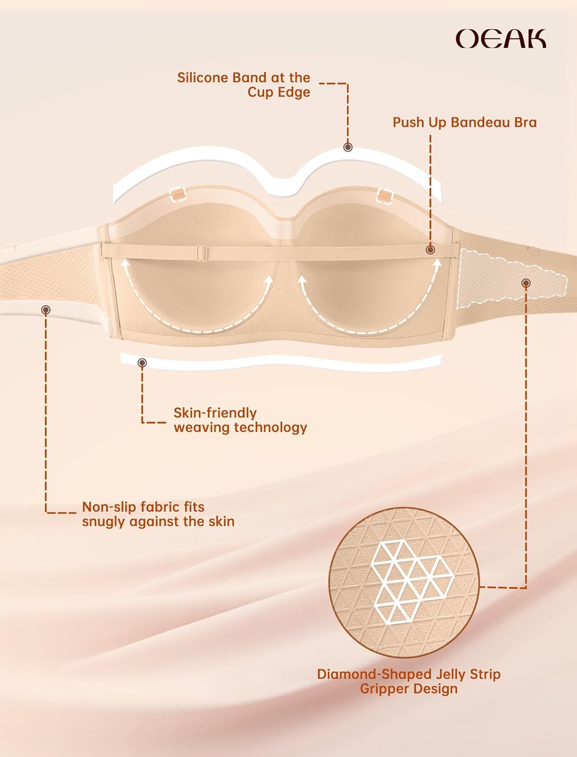 OEAK Womens Strapless Bras Underwire Non-Slip Tube Top Push Up Bralette Seamless Padded Bandeau Bra Nude 40D - Image 4