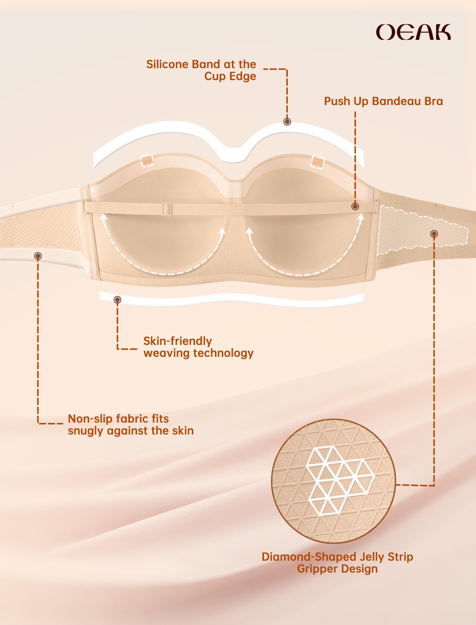 OEAK Reggiseni da donna senza spalline con ferretto multiway antiscivolo a tubo top push up bralette senza cuciture imbottito reggiseno a fascia, Nude, (44) C