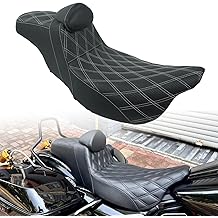 One-Piece Driver &amp; Passenger Seat with Gel Cushion + Driver Backrest Fit for Harley Touring Electra Glide Road King Road Glide Street Glide 2009-2023 (Diamond + White Line)