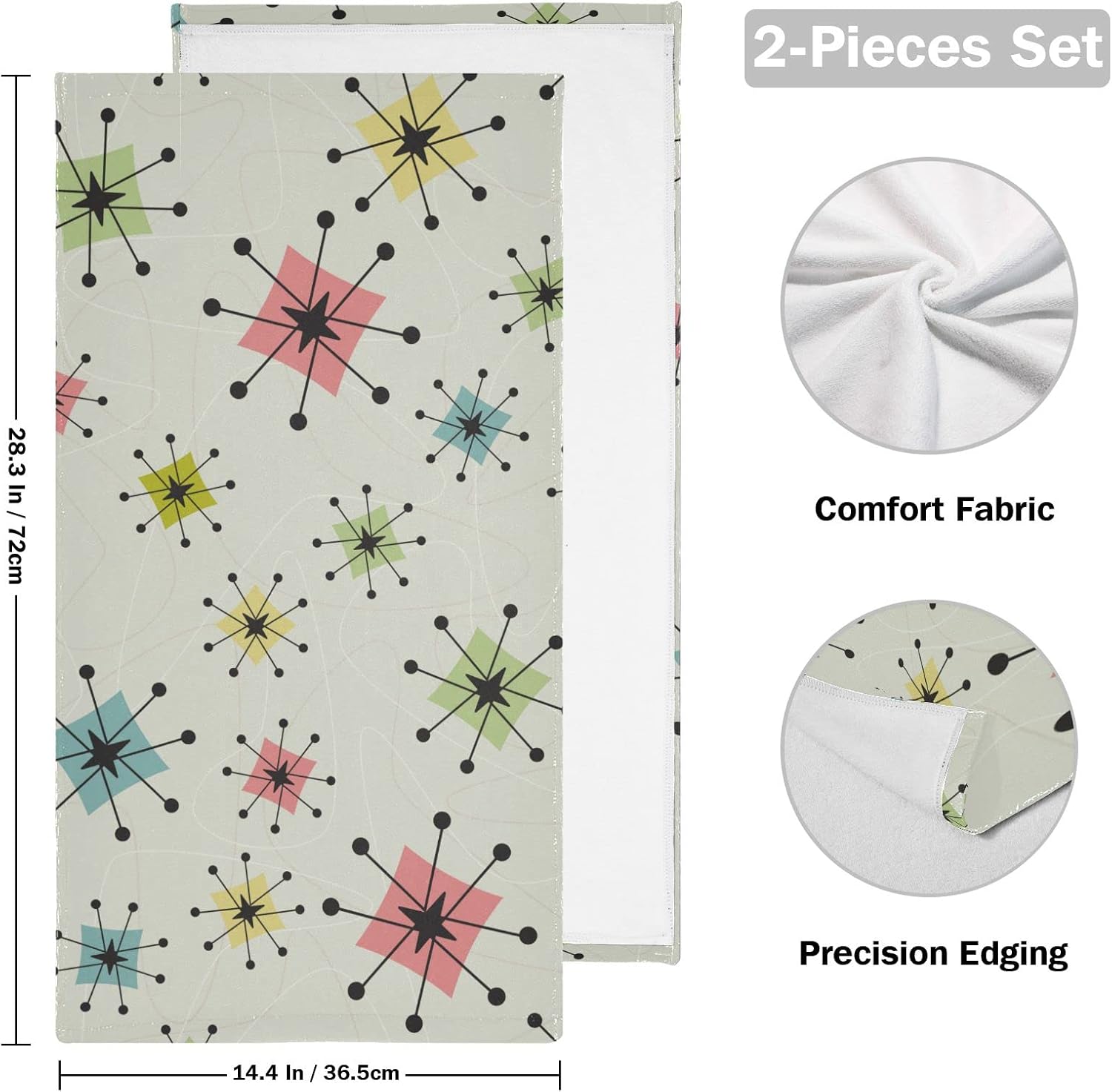Vintage Mid Century Hand Towels for Bathroom Set of 2 Geometric Retro Atomic Stars Beige Soft Absorbent Kitchen Dish Towels Decorative Bathroom Towels for Face,Hair,Guest,Gym,Spa 14"x28" - Image 2