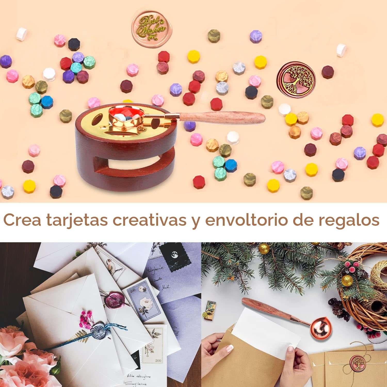 Aottom Kit de Sello de Cera, 650 Piezas Con 2 Sellos y Cuchara de Fundir, Para Invitaciones de Boda, Tarjetas, Navidad, Sobres, Papel de Regalo - 24 Colores