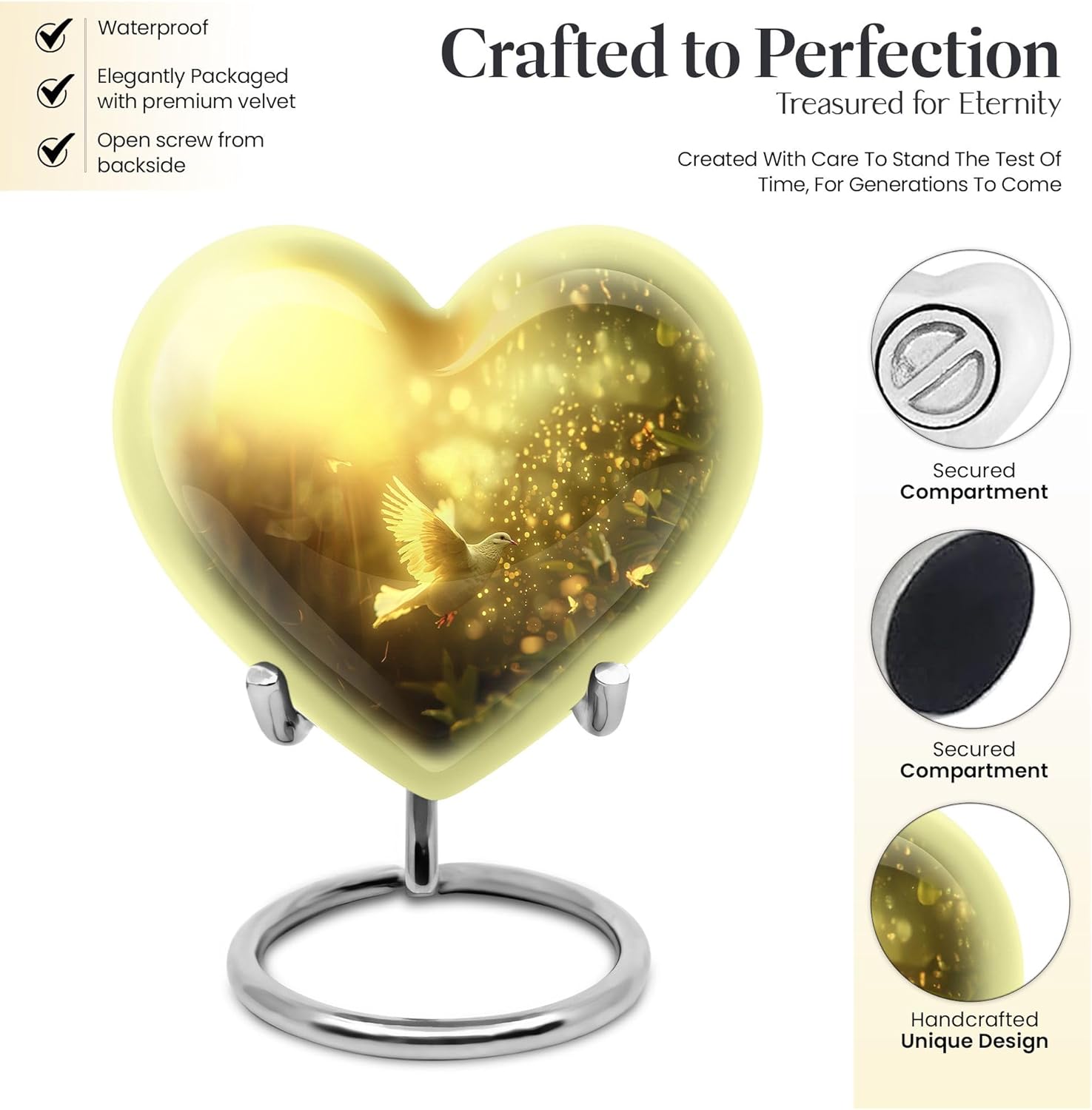 Flying Dove Urns - Heart Urns for Human Ashes - 3 Inch Urns - Urns for Human Ashes Adult Man - Small Urn for Ashes Keepsake - Cremation Urn - Yellow Urns for Human Ashes Adult - Keepsake Urns