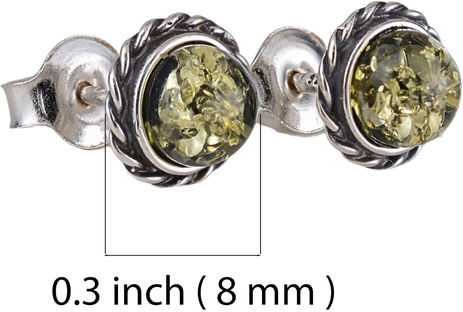 Genuine Baltic Green Amber Stud Earrings in 925 Sterling Silver – Small Round Post Back Women’s Earrings, Handcrafted in Poland, Gift Ready