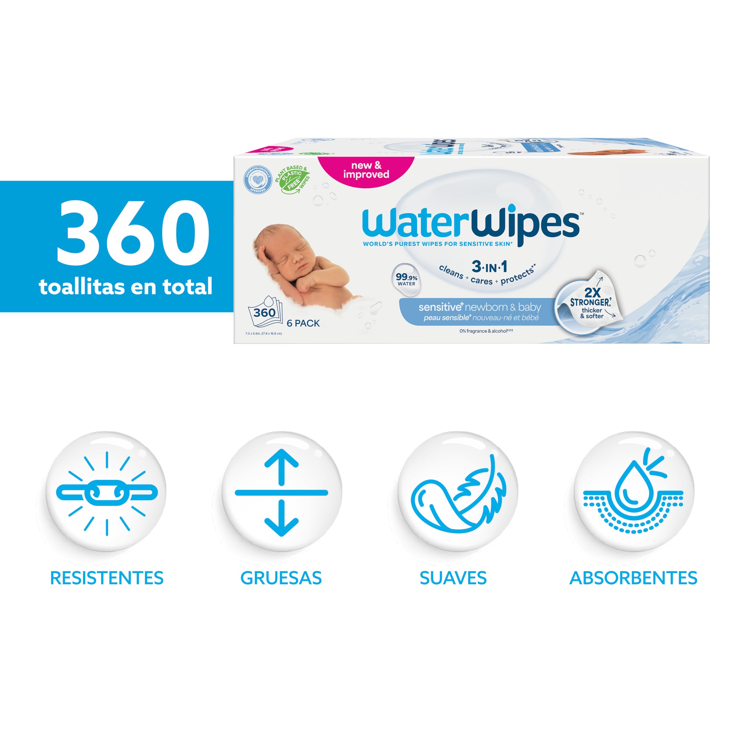 WaterWipes Sensitive+ Newborn & Baby Wipes, Newborn & Baby Wipes, 360 Count (Pack of 6), 3-in-1 Cleans, Cares, Protects, 99.9% Water, Unscented — view 2