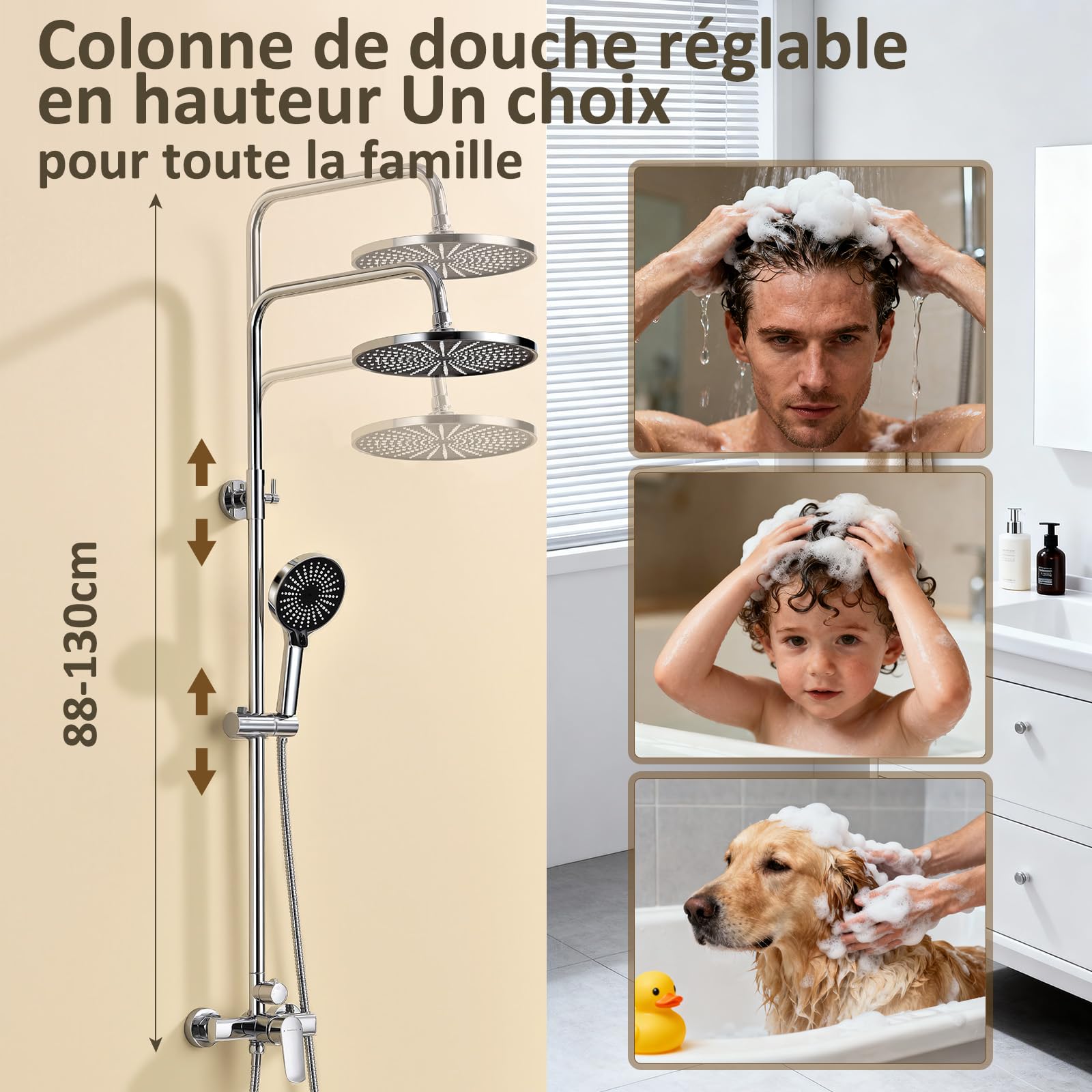 Ensemble de douche non thermostatique complet – pommeau effet pluie 26 cm et douchette triple fonction, sans mitigeur thermostatique