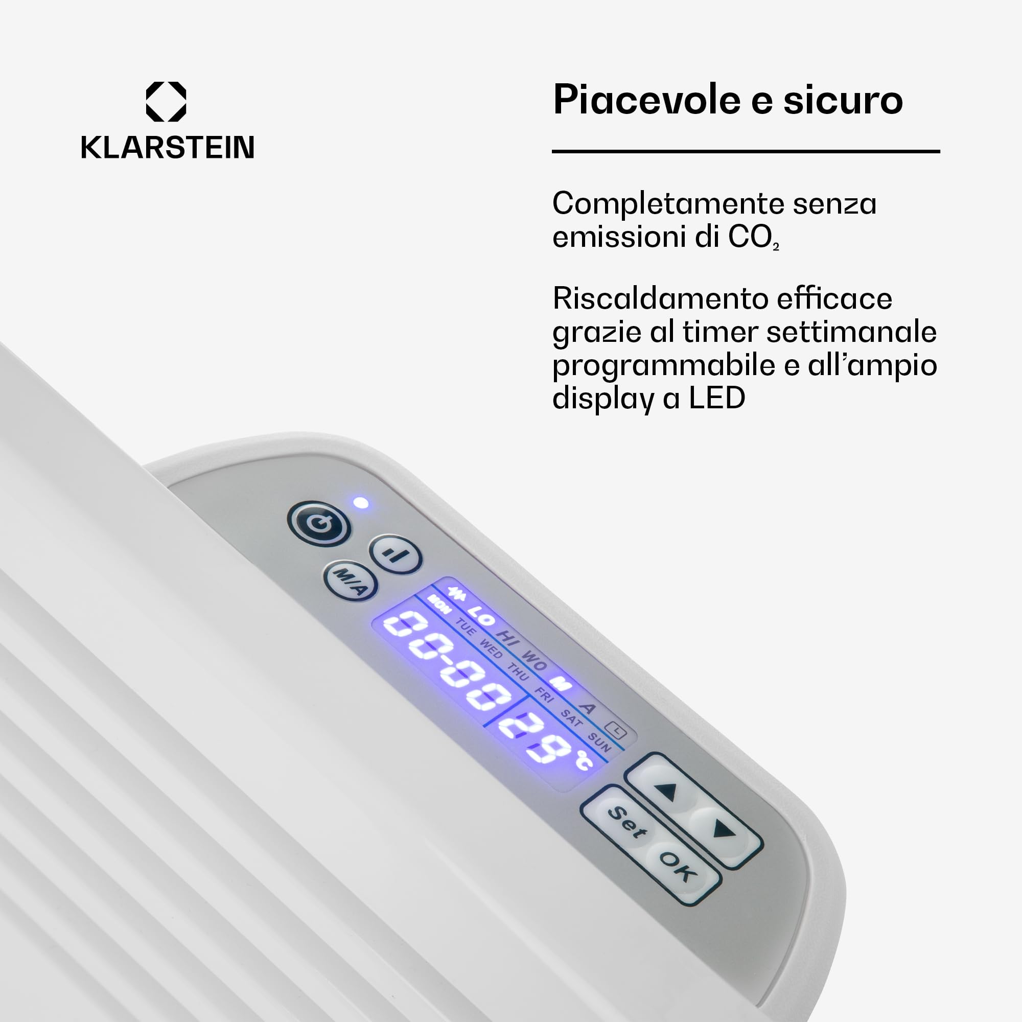 Klarstein Hot Spot Slimcurve - Stufa a Parete, Riscaldatore con Termostato, Stanze fino a 40 m², 80 x 40 cm, 1000/2000 Watt, Temperatura Impostabile da 5 a 40 °C, Bianco Fumo