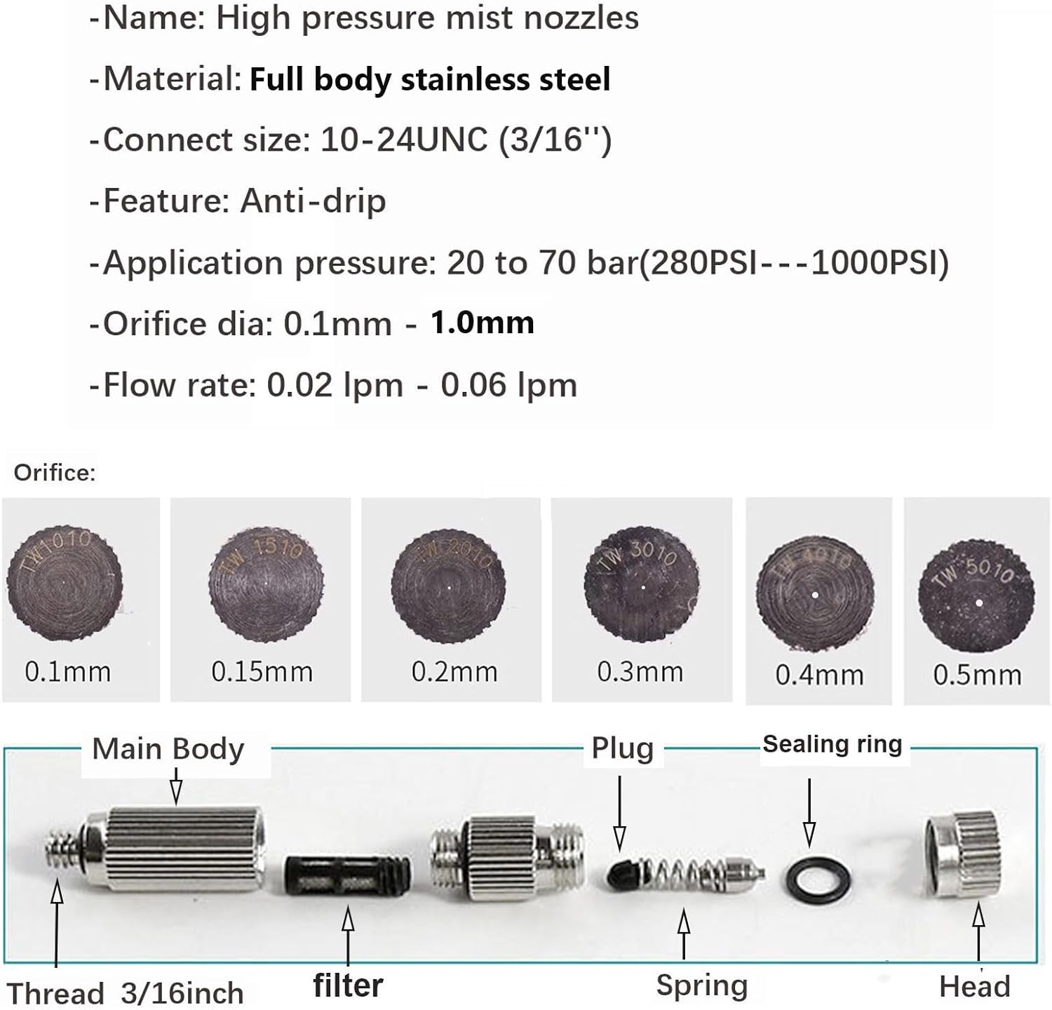 100 Pack High Pressure Spray Misting Nozzle with Filter, Full 304 Stainless Steel Mist Nozzle, Irrigation Cooling Humidify Dust Removal Mister Head Clogging-Prevent (Size:Orifice 0.3mm,)