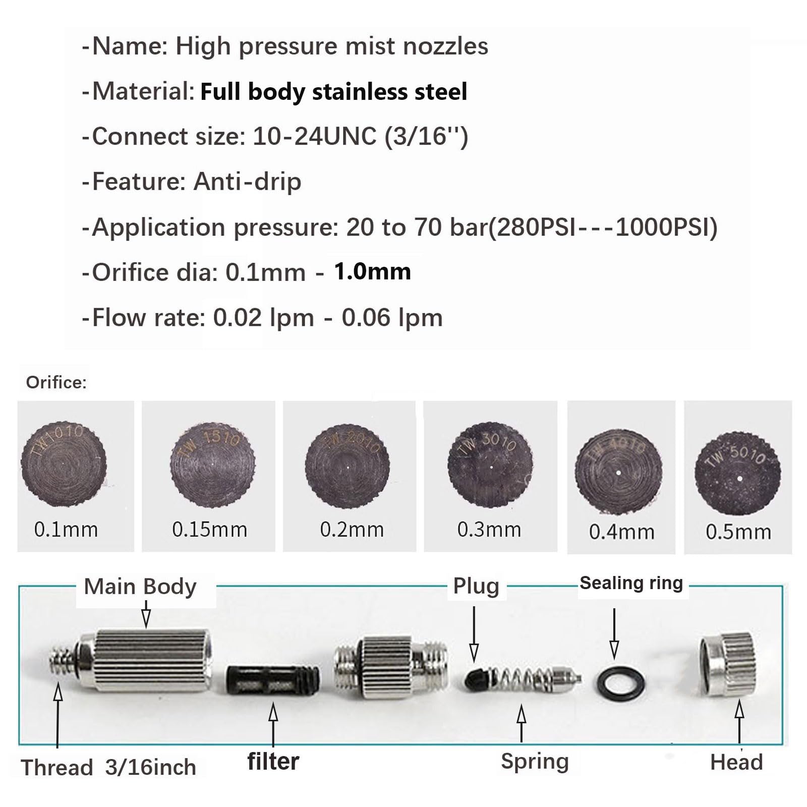 Buse de brumisation réglable en laiton, 100 pièces, en acier inoxydable 304, pour brumisation haute pression, filtration, irrigation, refroidissement, humidification et élimination (orifice 0,3 mm).