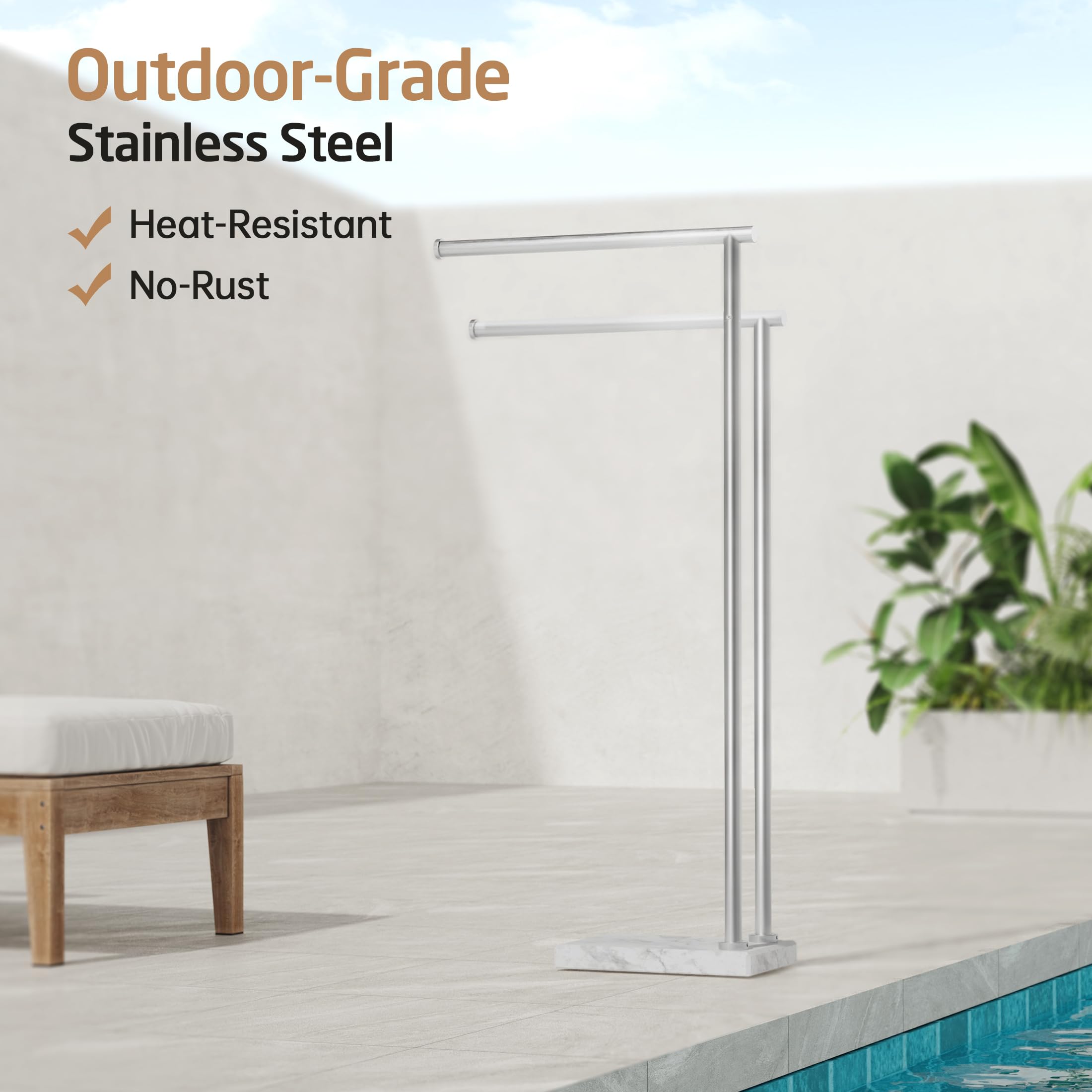 KES - Portasciugamani autoportante senza oscillazioni con base ponderata in marmo naturale, supporto portasciugamani a 2 livelli per pavimento del bagno, design costante aggiornato, acciaio