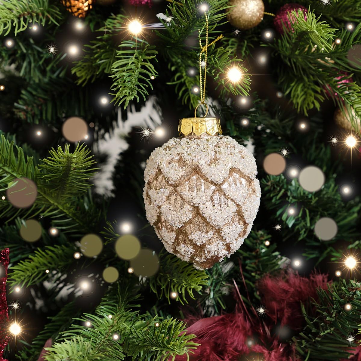 B&Q -  Neutral Sequin Frosted Pine Cone Bauble Decoration8Cm