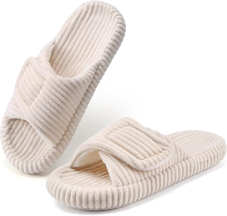 SCQTL Womens Open Toe Slippers with Arch Support,Corduroy Indoor House Slippers Adjustable Comfort Bedroom Shoes Size 5-12