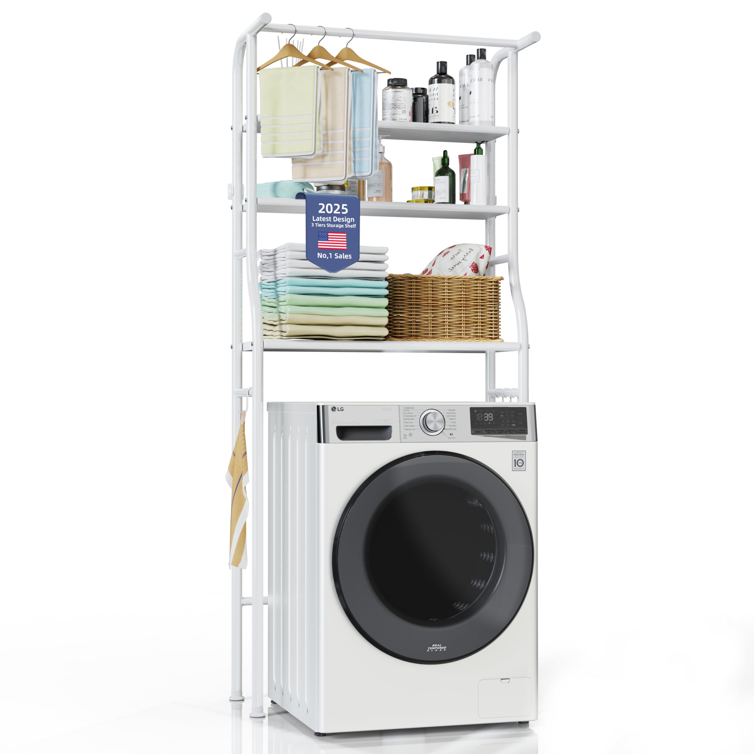Kiseely Over The Washer and Dryer Storage Shelf, 3 Tier Laundry Room Metal Drying Rack with Towels Hangers, Space Saver Organizer for Hanging Clothes and Towels (Metal White HA1)