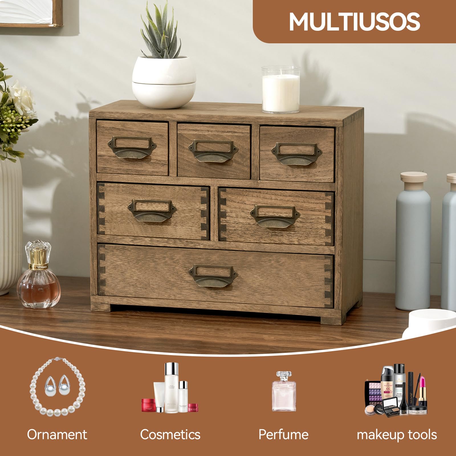 KIRIGEN Organizador de Escritorio, Minicajonera de Madera, Marrón oscuro | 6 cajones, paulownia maciza, 35,7 x 14,2 x 28,1 cm, artesanal, montada, ensambles de mortaja y espiga, aceite vegetal