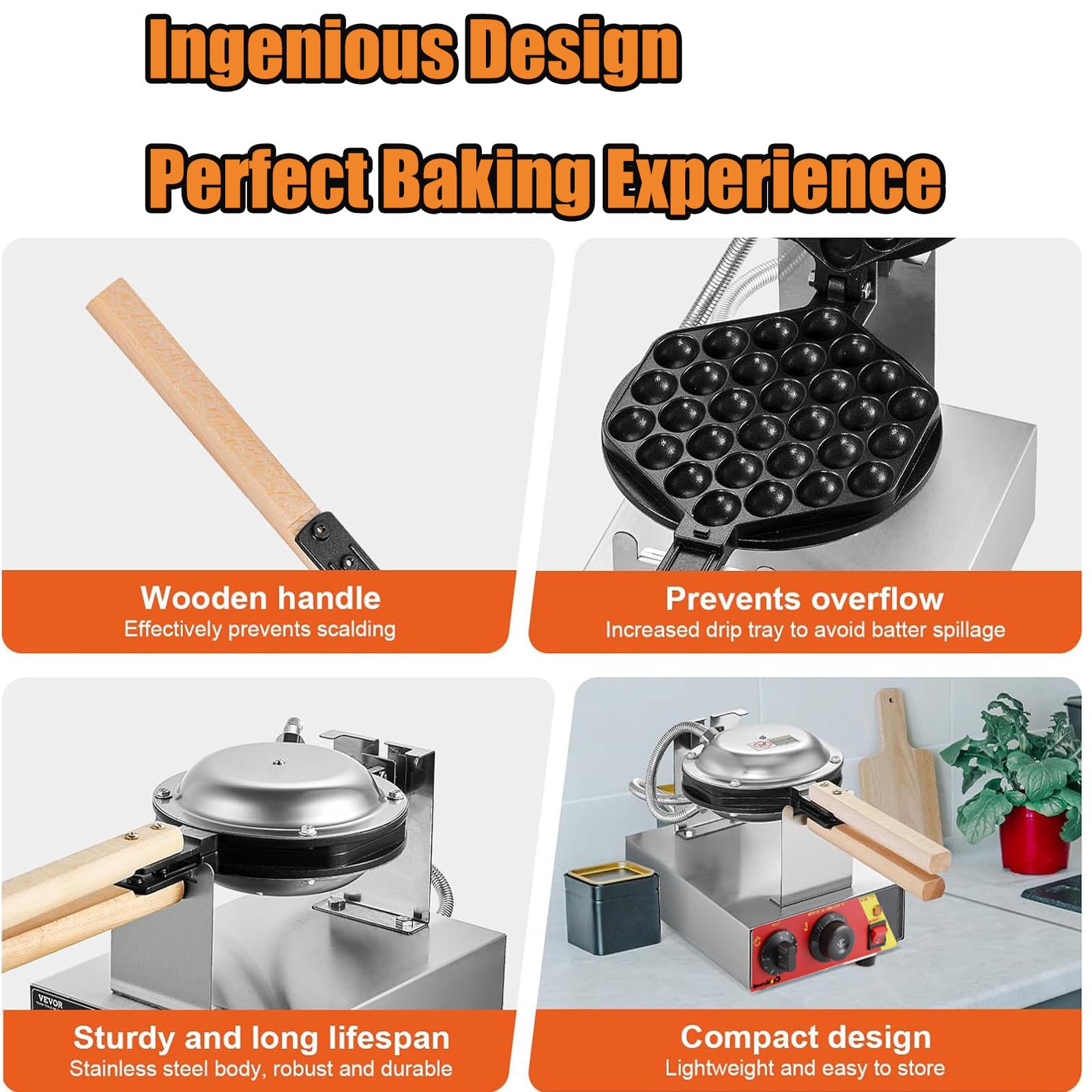Máquina de Gofre, Gofrera Máquina Burbujas de Acero Inoxidable, Sarten Gofres Girario 180 Grado Máquina de Gofres de Forma Huevo con Mango de para Hacer Bubble Waffles