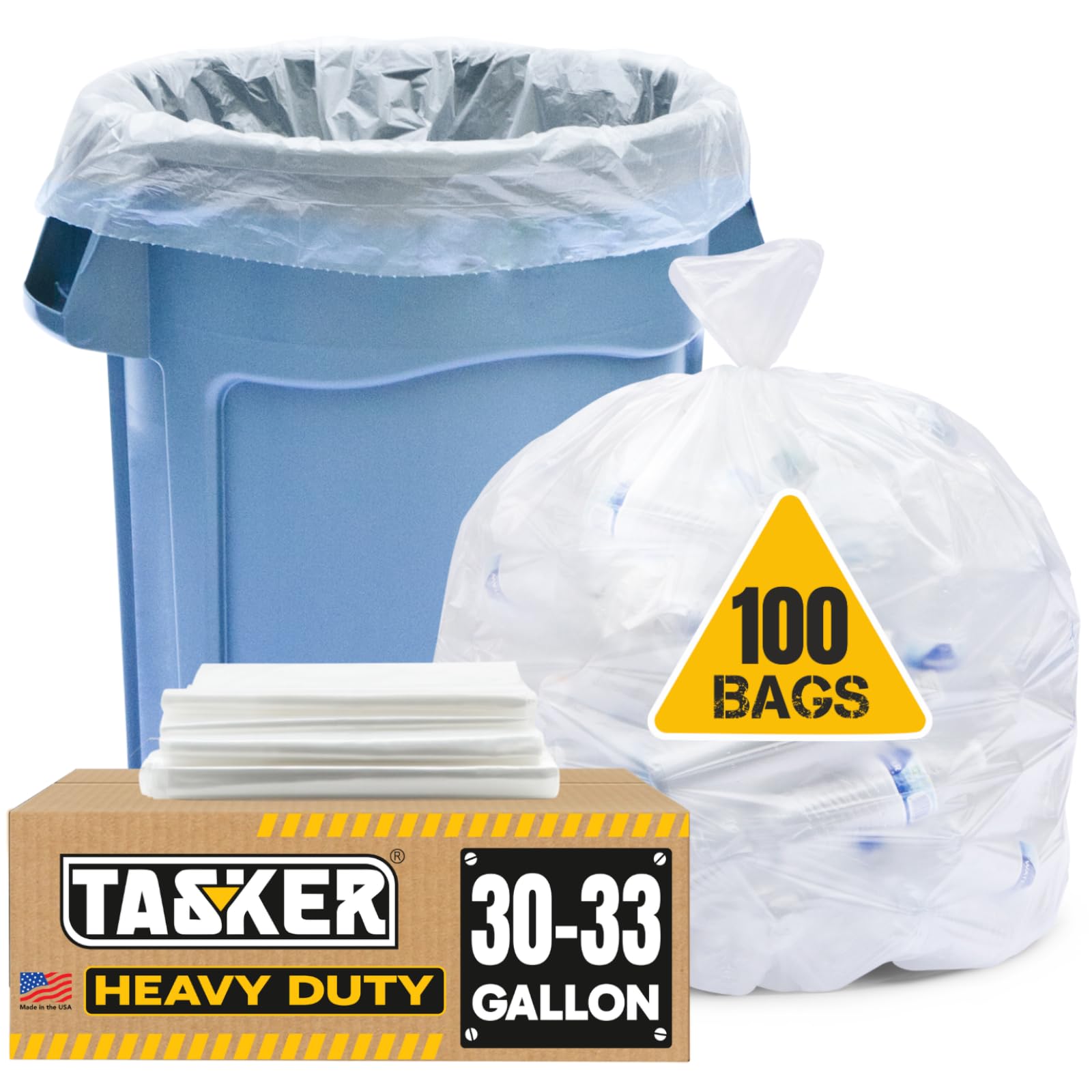 Tasker 30-33 Gallon Trash Bags Heavy Duty (Value 100/Bags w/Ties) Clear Large Plastic Recycling Garbage Bags. 30 Gal, 32 Gallon Clear Large Trash Bags
