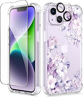 GVIEWIN Compatible with iPhone 14 Case 6.1 Inch 2022,with Tempered Glass Screen Protector+Camera Lens Protector, Flower Clear TPU Slim Bumper Shockproof Protective Soft Cover, Foliolosa/Purple