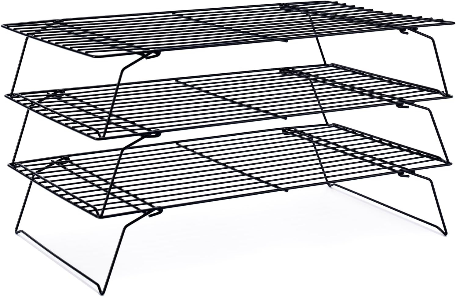 Briout Cooling Rack for Baking 3 Tiers, 16" x 10" Cookie Cooling Wire Rack Stackable Collapsible Nonstick, Stainless Steel Baking Cooking Cooling Racks with Optimum Air Flow, Black