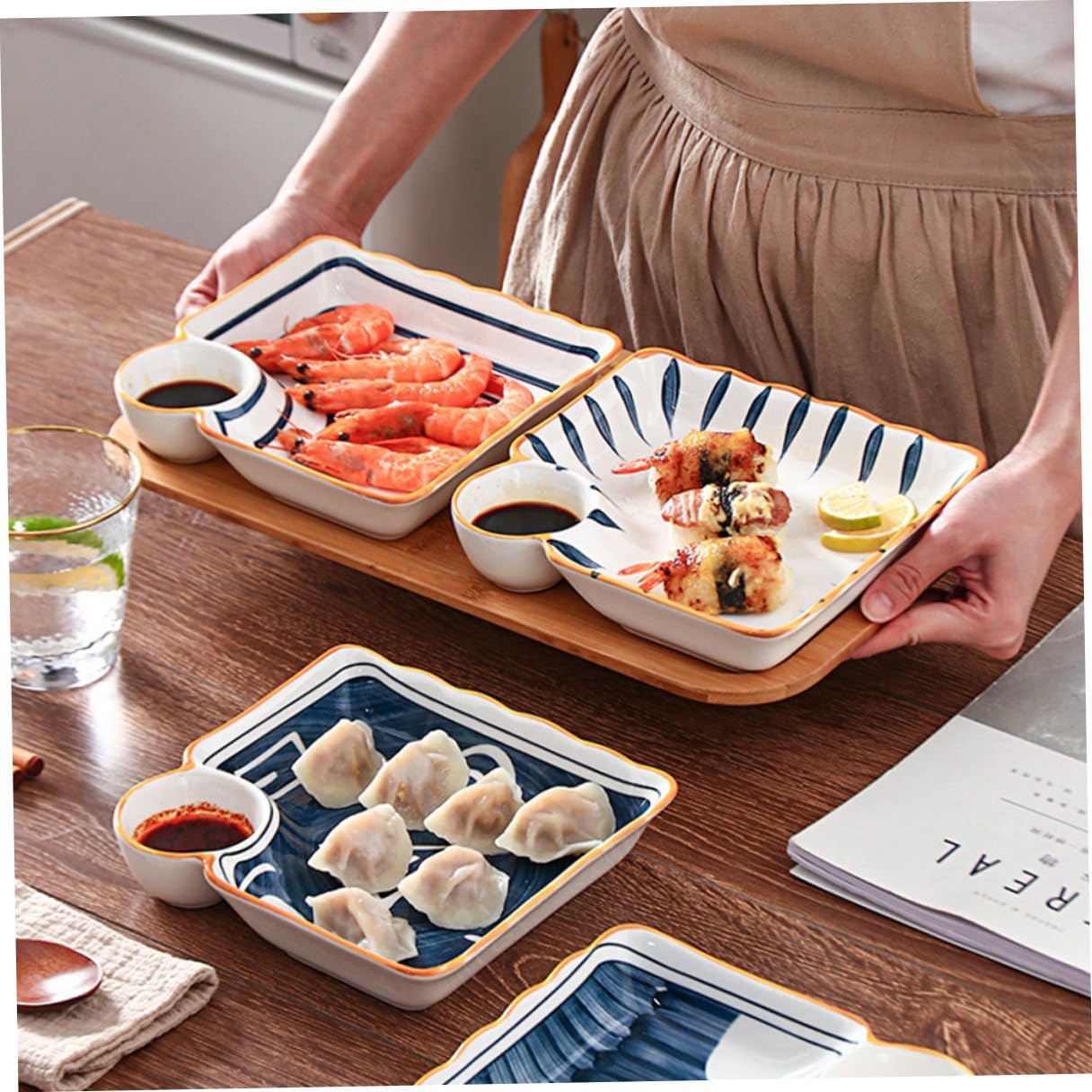 4 Pcs Japanese Style Ceramic Sushi Plates and Dumpling Dipping Trays, Assorted Snack Serving Set for Home Kitchen Breakfast and Appetizer Use Random Color
