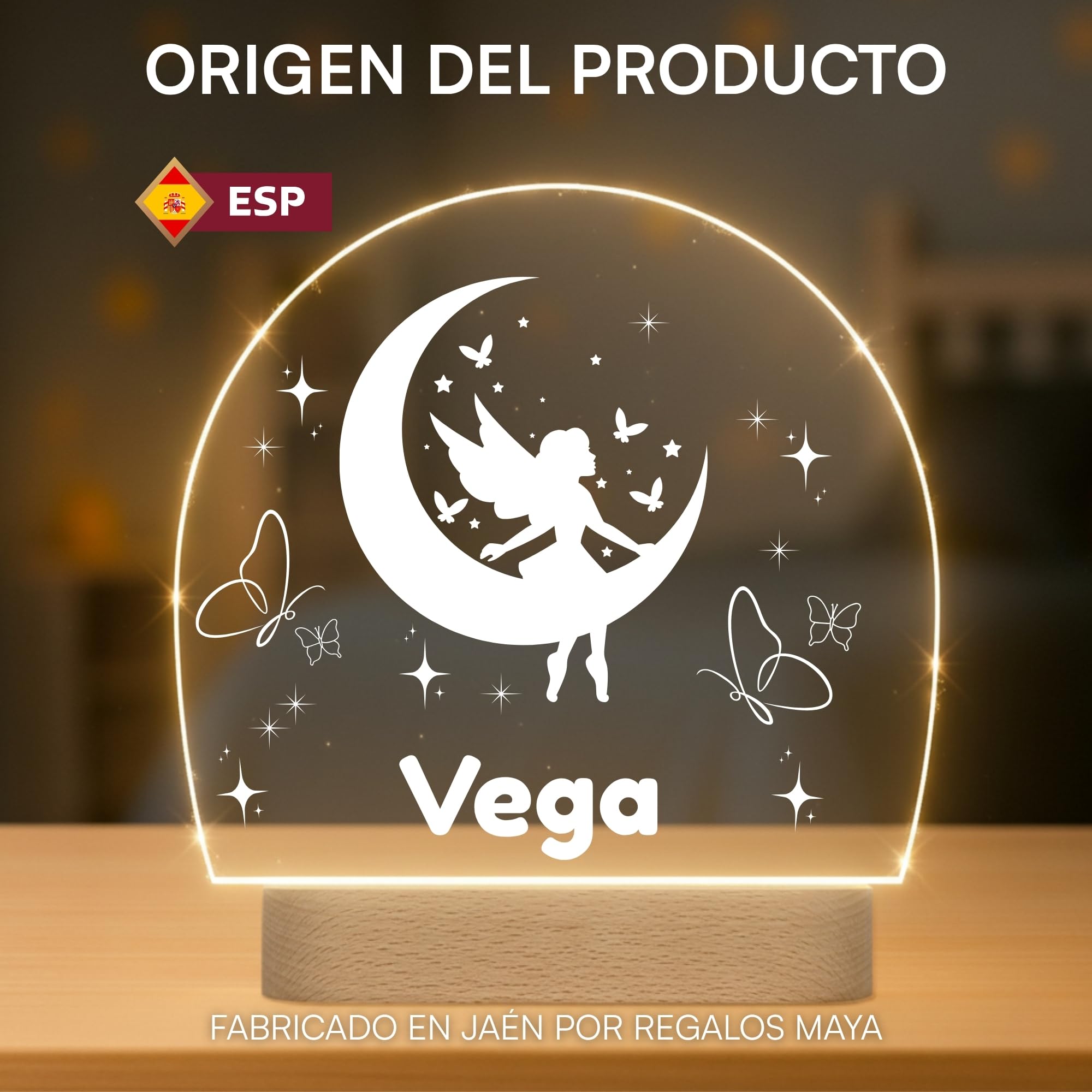 Lámpara Infantil Personalizada con Nombre - Luz LED Quitamiedos para Habitación de Bebé con Diferentes Diseños - Regalo Original para Bebe, Nacimiento, Bautizo o Cumpleaños (HADA)