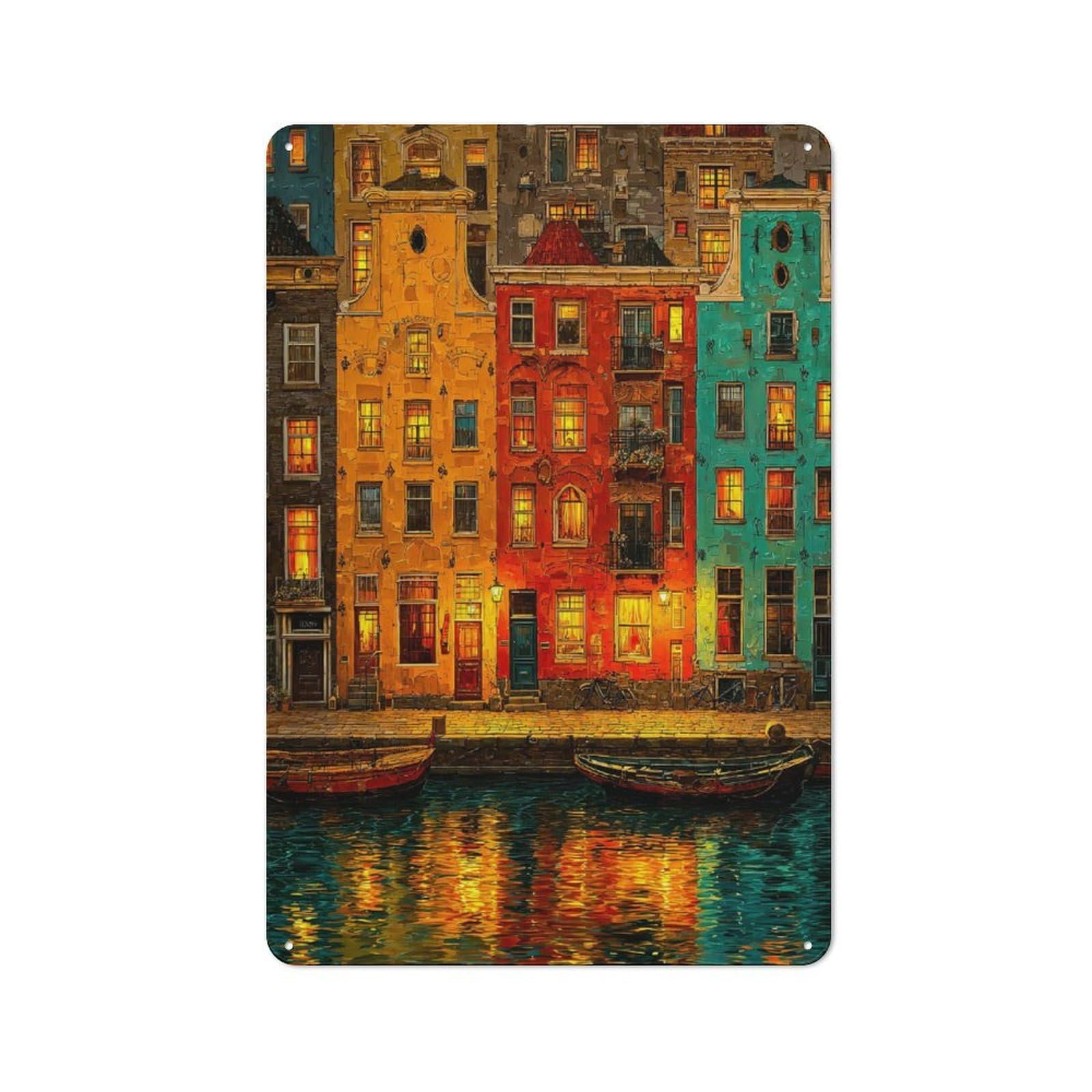 Junmoney Style-11 Colorful Amsterdam Canal Houses At Night Vintage Tin Sign 30X20cm, Vintage Diner Style Decor For Kitchen, Cafe, Pantry Or Dining Room