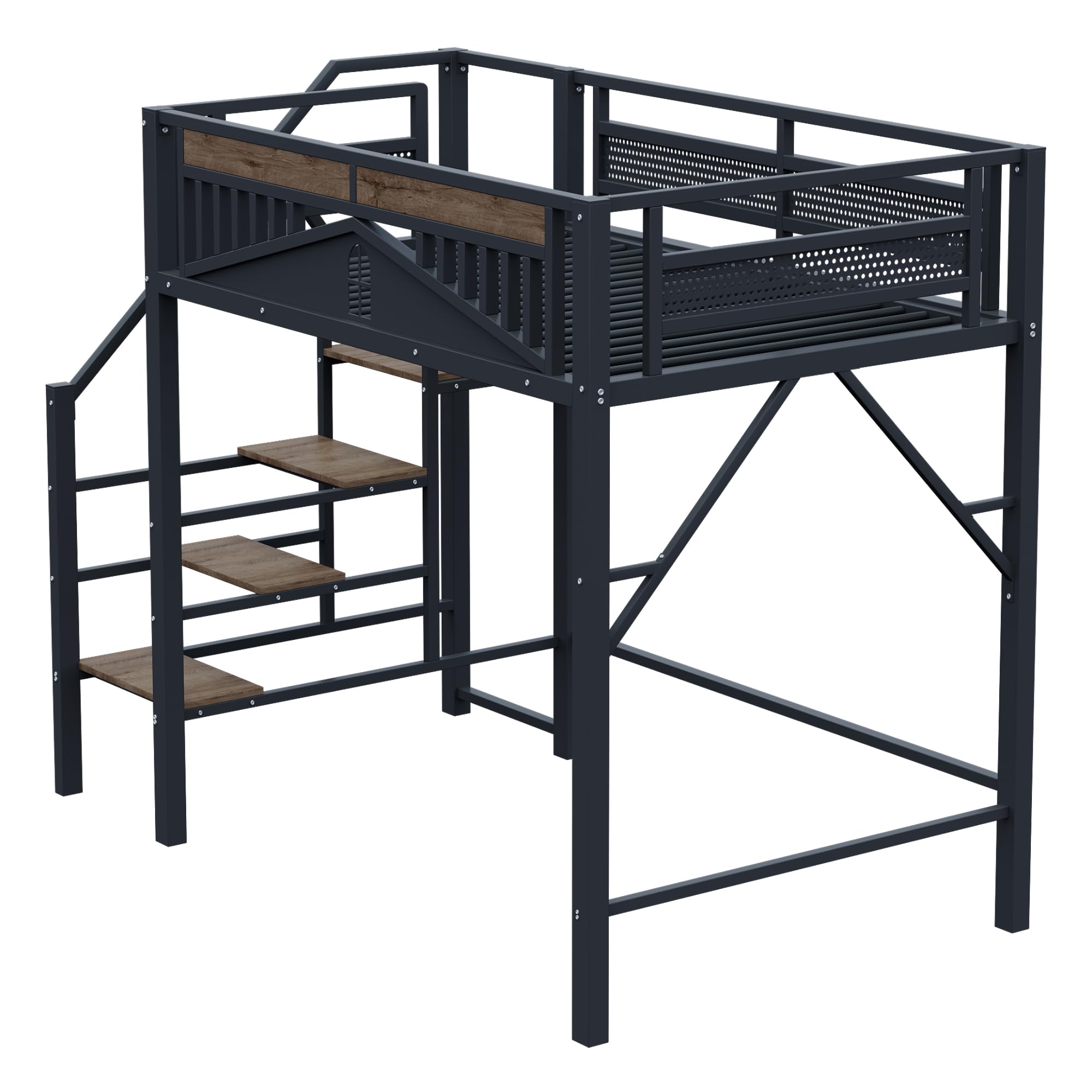 SACOOL Cama alta de metal de 140 x 200 cm, forma de carcasa única con diseño de ventana, con escalera de seguridad, mucho espacio debajo de la cama, color negro