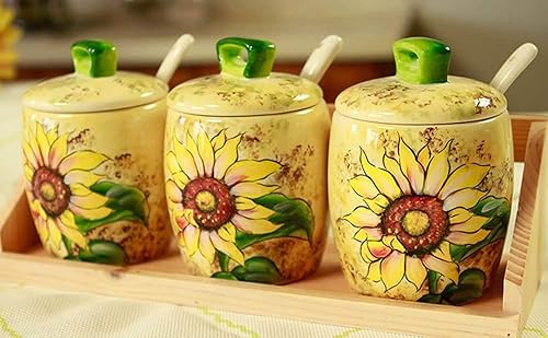 Miniatura 4 de Tarro de almacenamiento de cerámica con cuchara de tapa de girasol para pintar a mano Azucarero Especias
