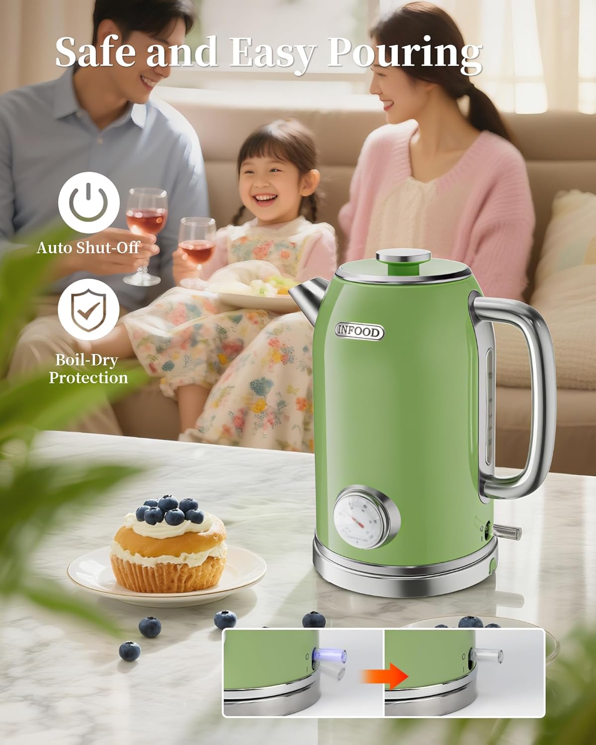Family enjoying drinks with the kettle in the background, highlighting auto shut-off and boil-dry protection icons