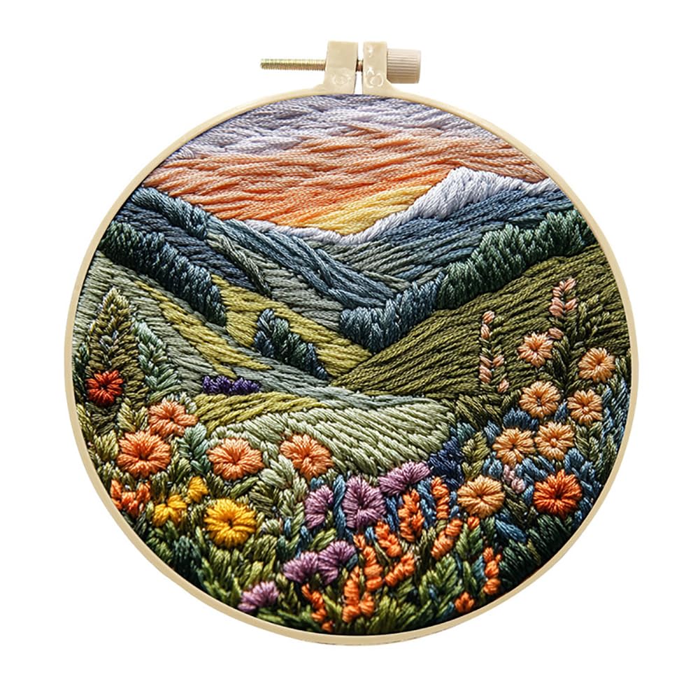 Eforcase Embroidery Starter Kit for Adult Beginner with Landscape Tree Mountain River Floral Nature Scenery Pattern Cross Stitch Hand Embroidery Set DIY Cross Stitch Kits with Hoops Needles Threads