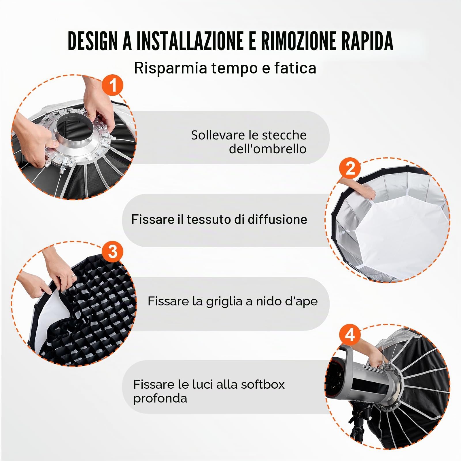 VEVOR Softbox Parabolico 33 pollici / 850 mm Sgancio Rapido Piegatura Rapida Leggero Portatile Attacco Bowens Universale, 4 Effetti di Illuminazione, Adatto per Fotografia Studio Fotografico