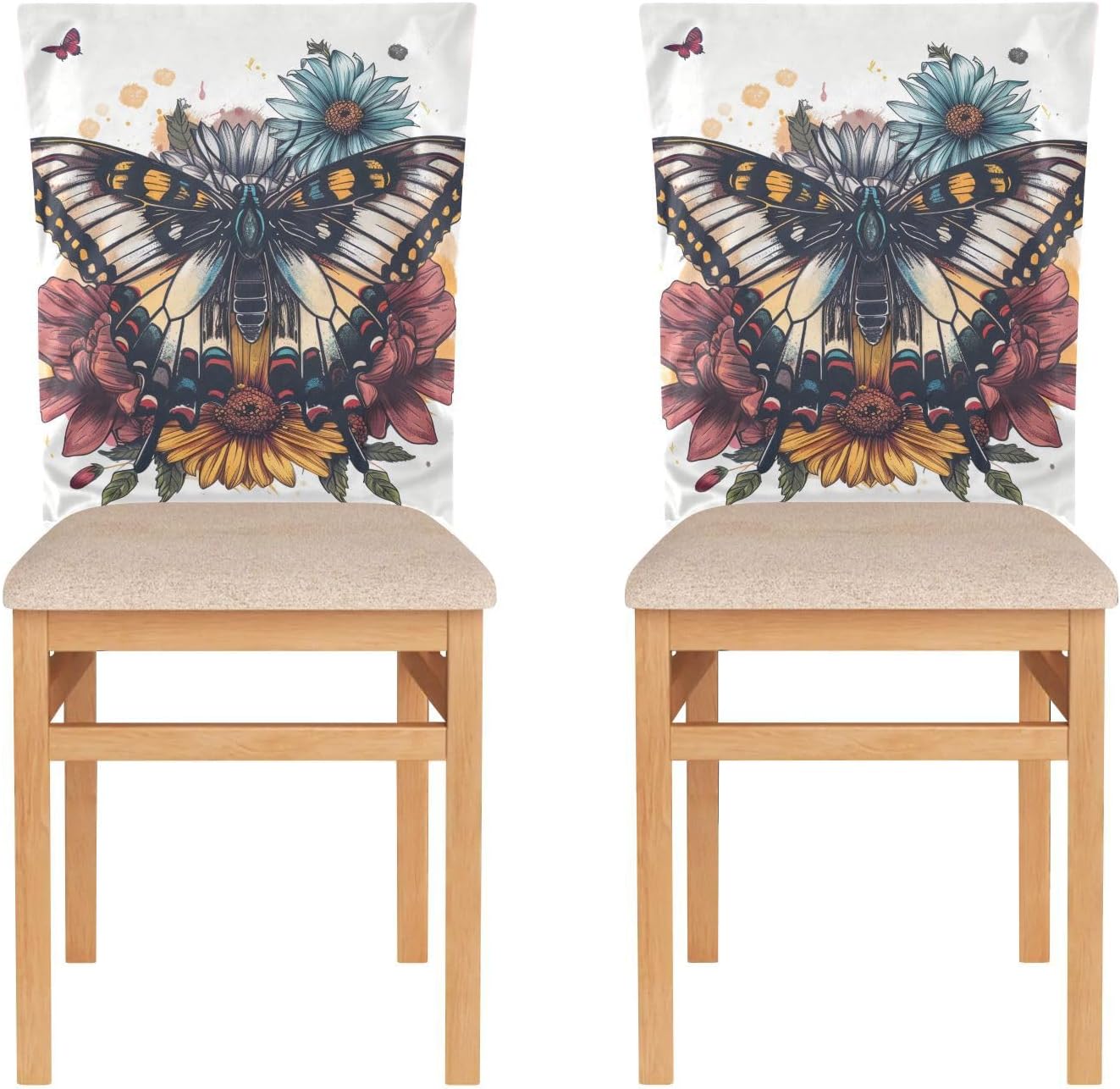 ALAZA Boho Butterfly Flowers Chair Back Cover Set of 6, Washable Reusable Removable Chair Slipcovers Decorative Chair Cover for Home Kitchen Wedding Party