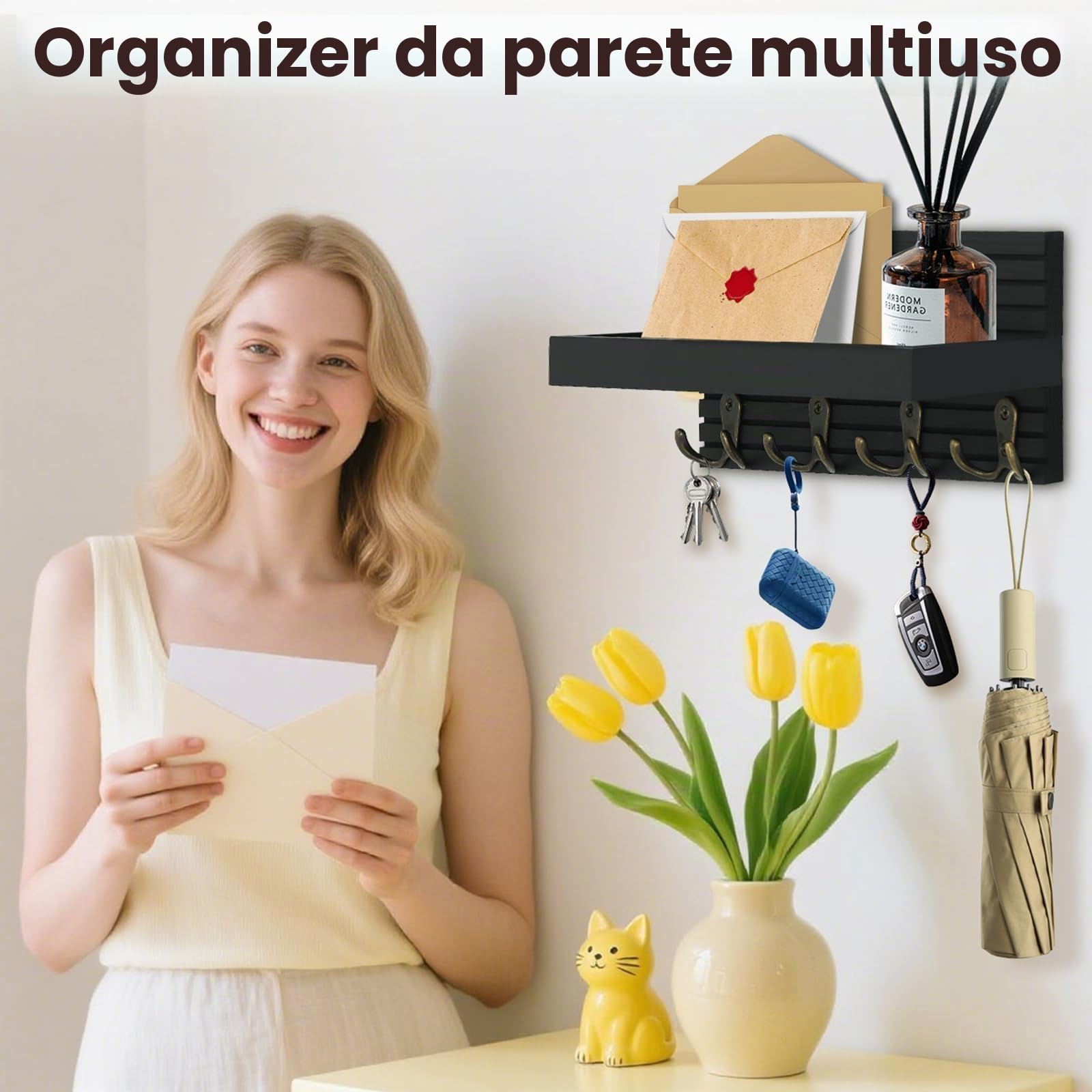 Portachiavi da Parete in Legno, Portachiavi da Muro con Ripiano, Porta Chiavi da Muro per Casa con 8 Ganci, Appendi Chiavi Home Decor, per Corridoio, Ingresso, Cucina, Bagno (Nero)